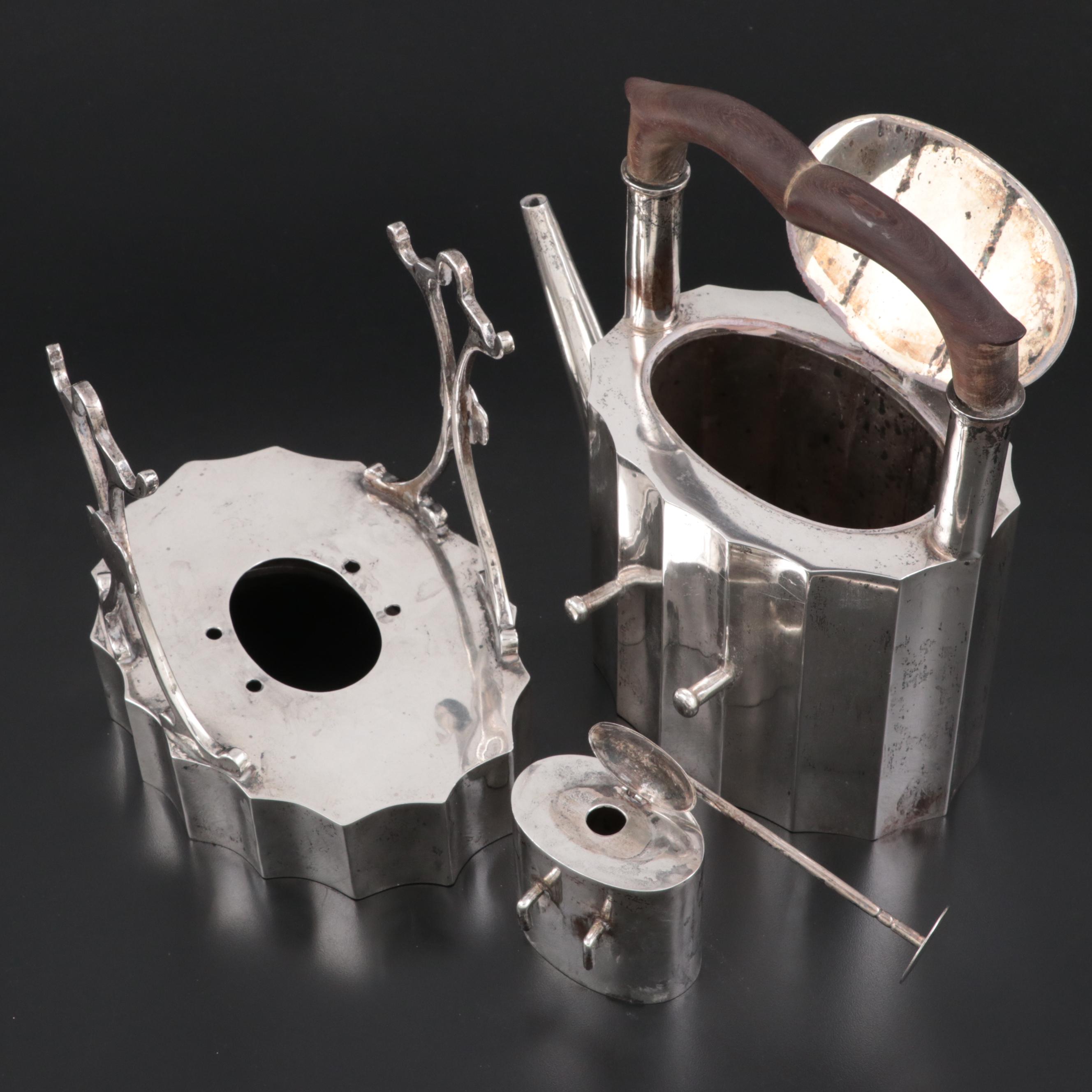 Mexican Sterling Silver Tilting Tea Kettle on Stand, Early to Mid-20th Century