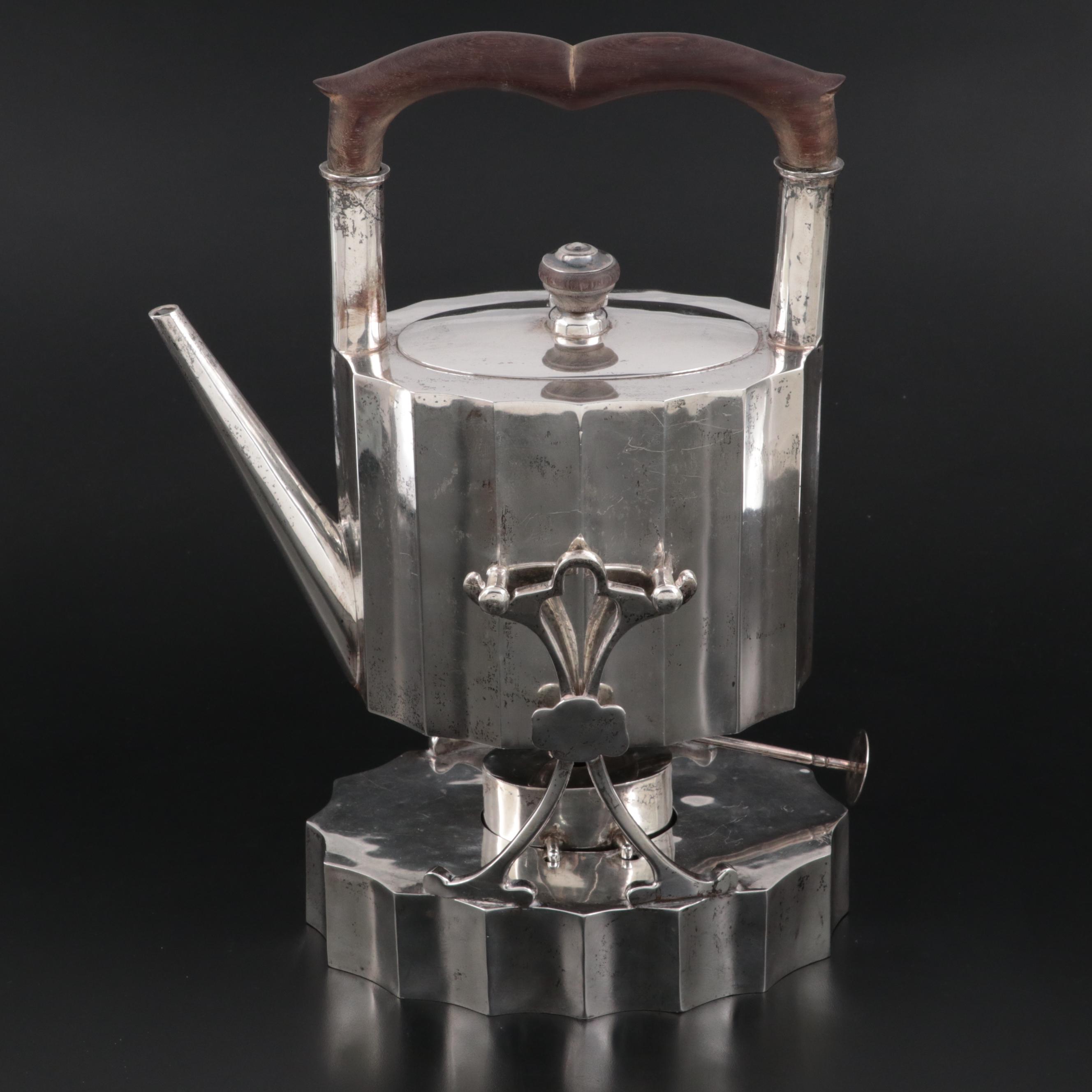 Mexican Sterling Silver Tilting Tea Kettle on Stand, Early to Mid-20th Century