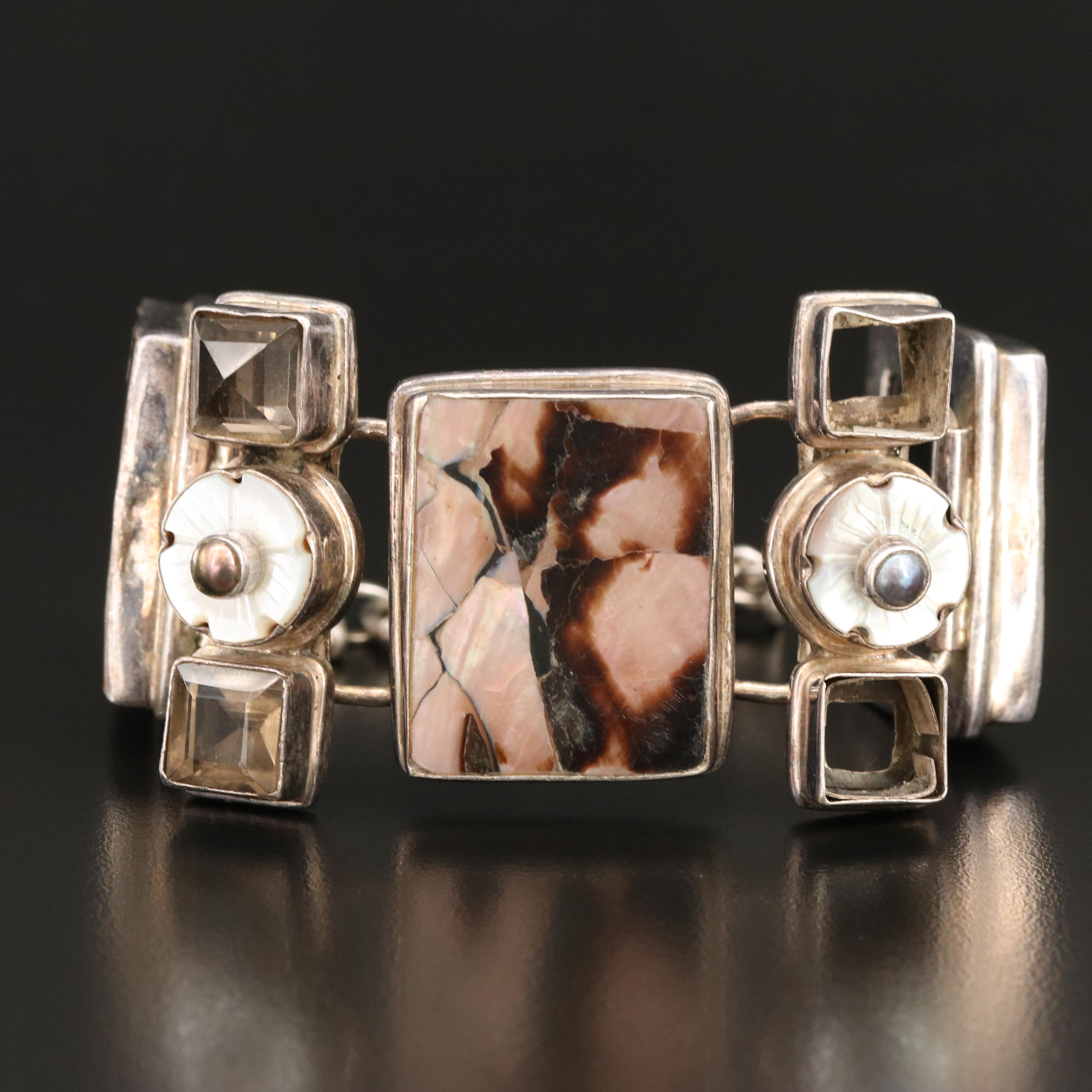 Sterling Shell, Mother-of-Pearl and Pearl Panel Bracelet