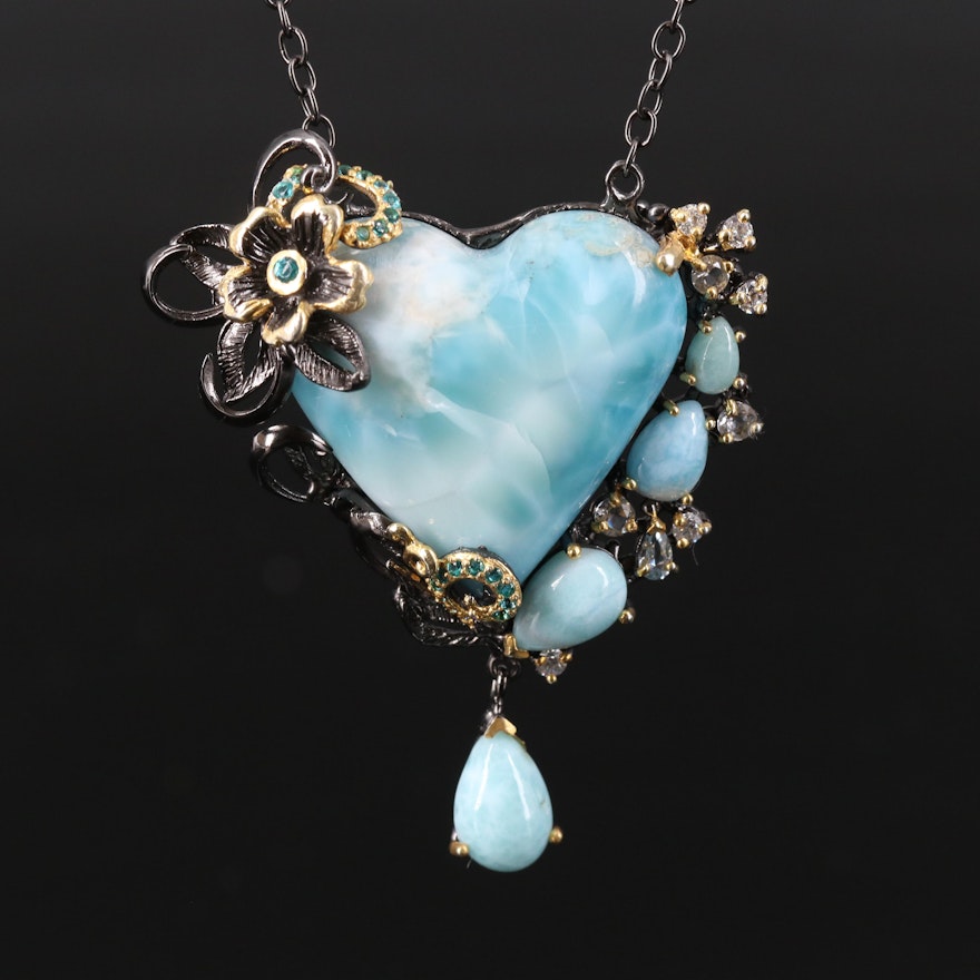 Sterling Larimar and Topaz Heart Necklace