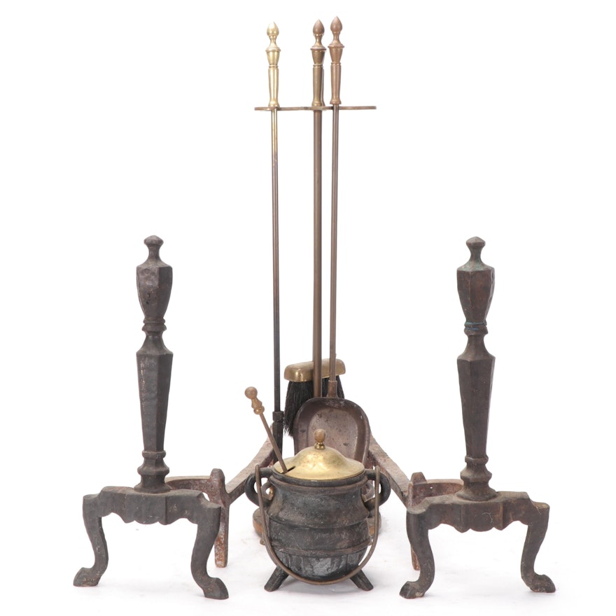 Colonial Style Andirons with Brass Fireplace Tools and Smudge Pot