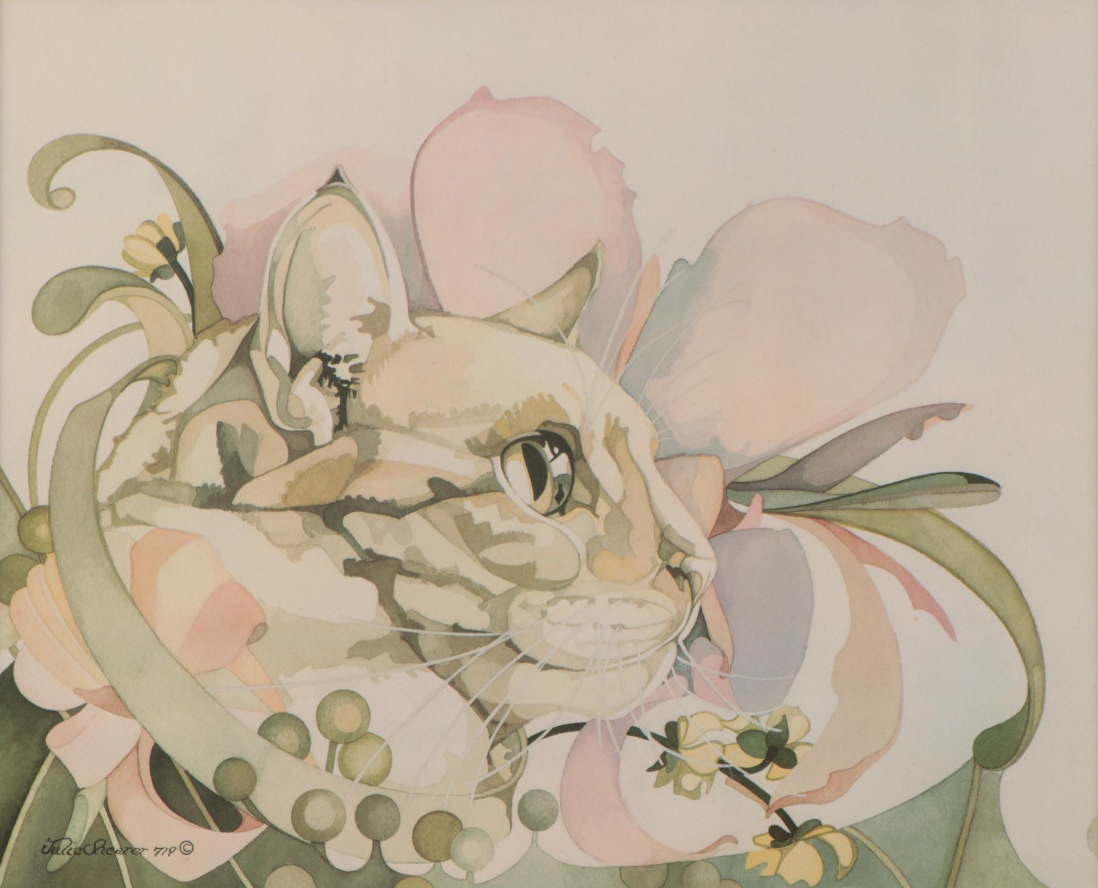 Offset Lithograph After Julie Shearer of Floral Cat, Late 20th Century