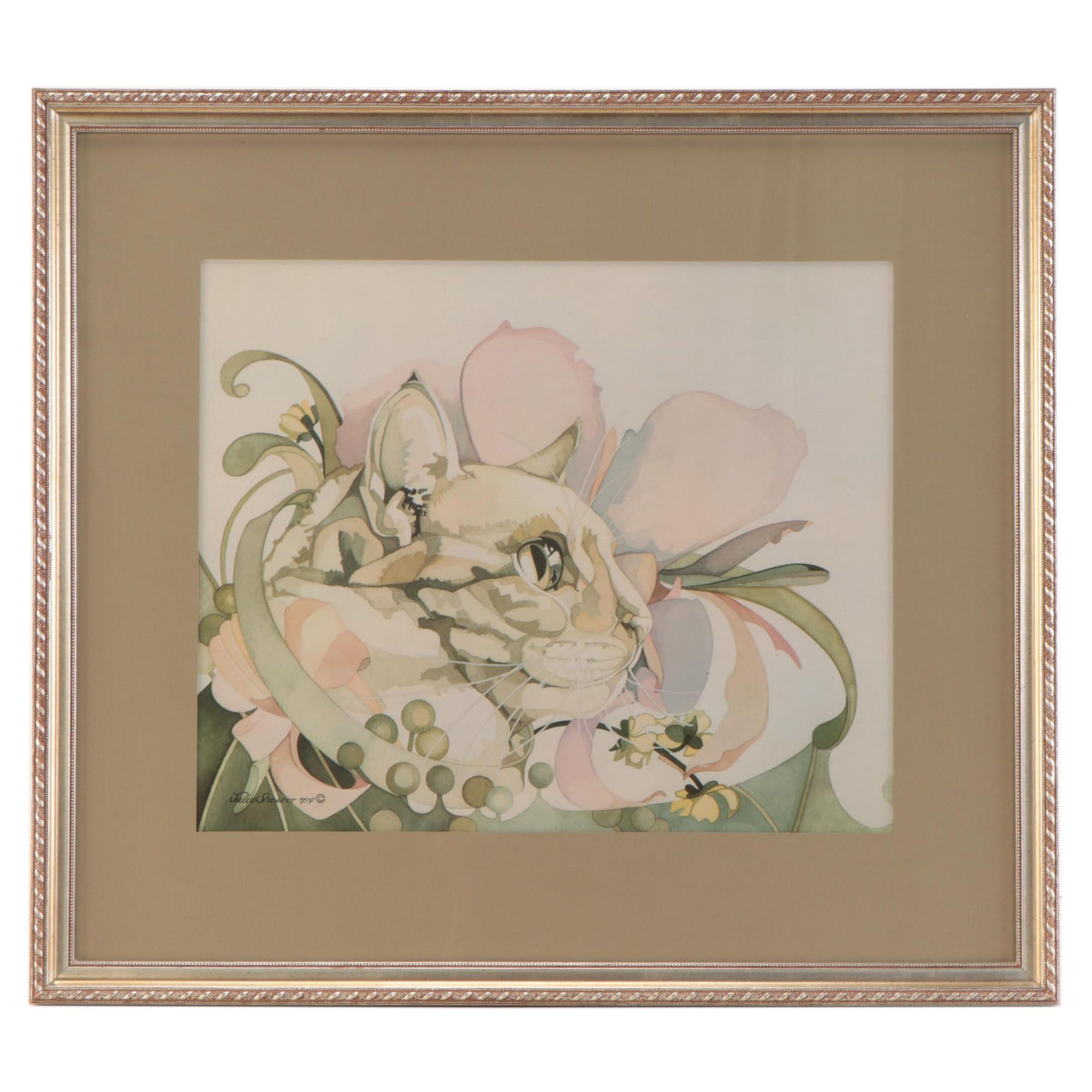 Offset Lithograph After Julie Shearer of Floral Cat, Late 20th Century