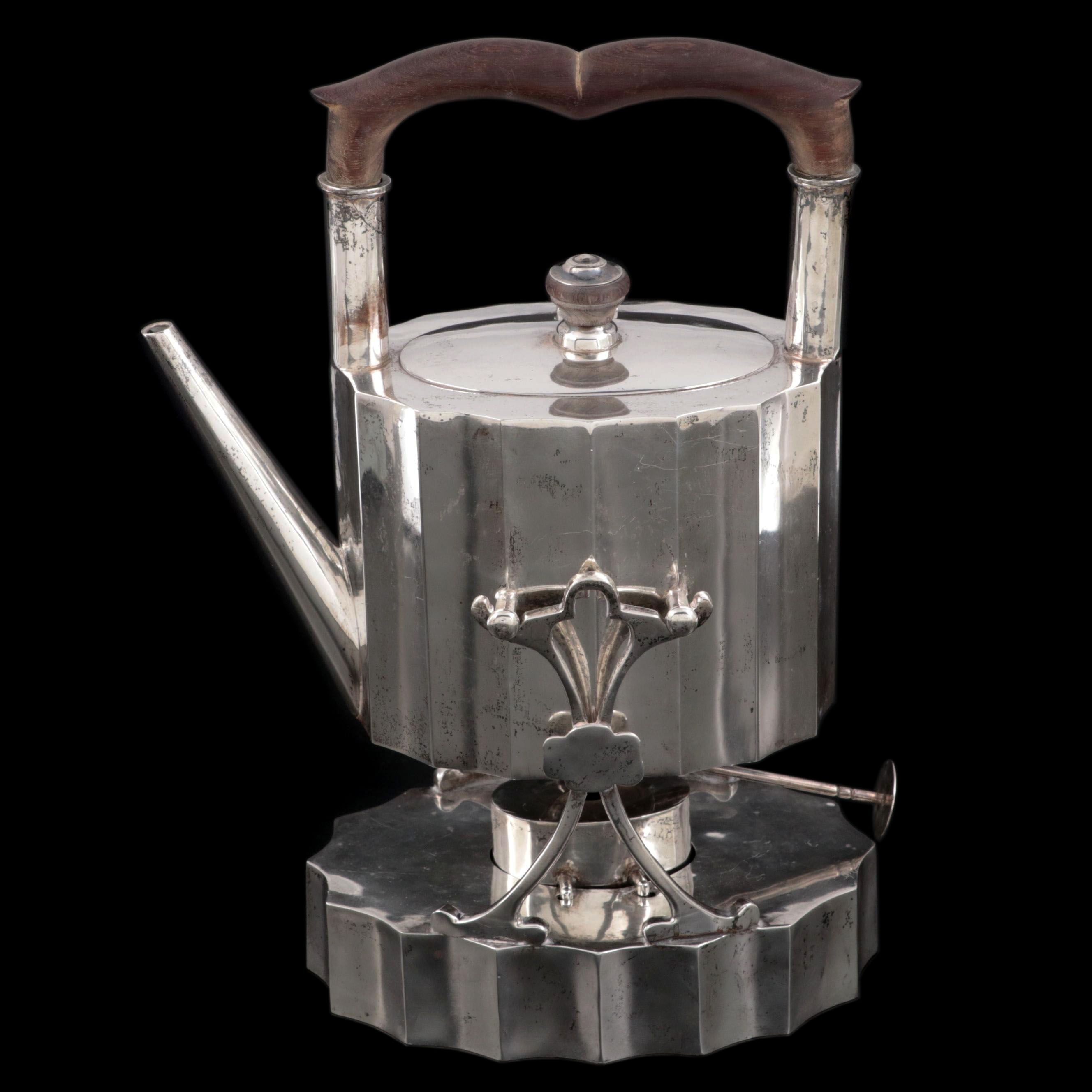 Mexican Sterling Silver Tilting Tea Kettle on Stand, Early to Mid-20th Century