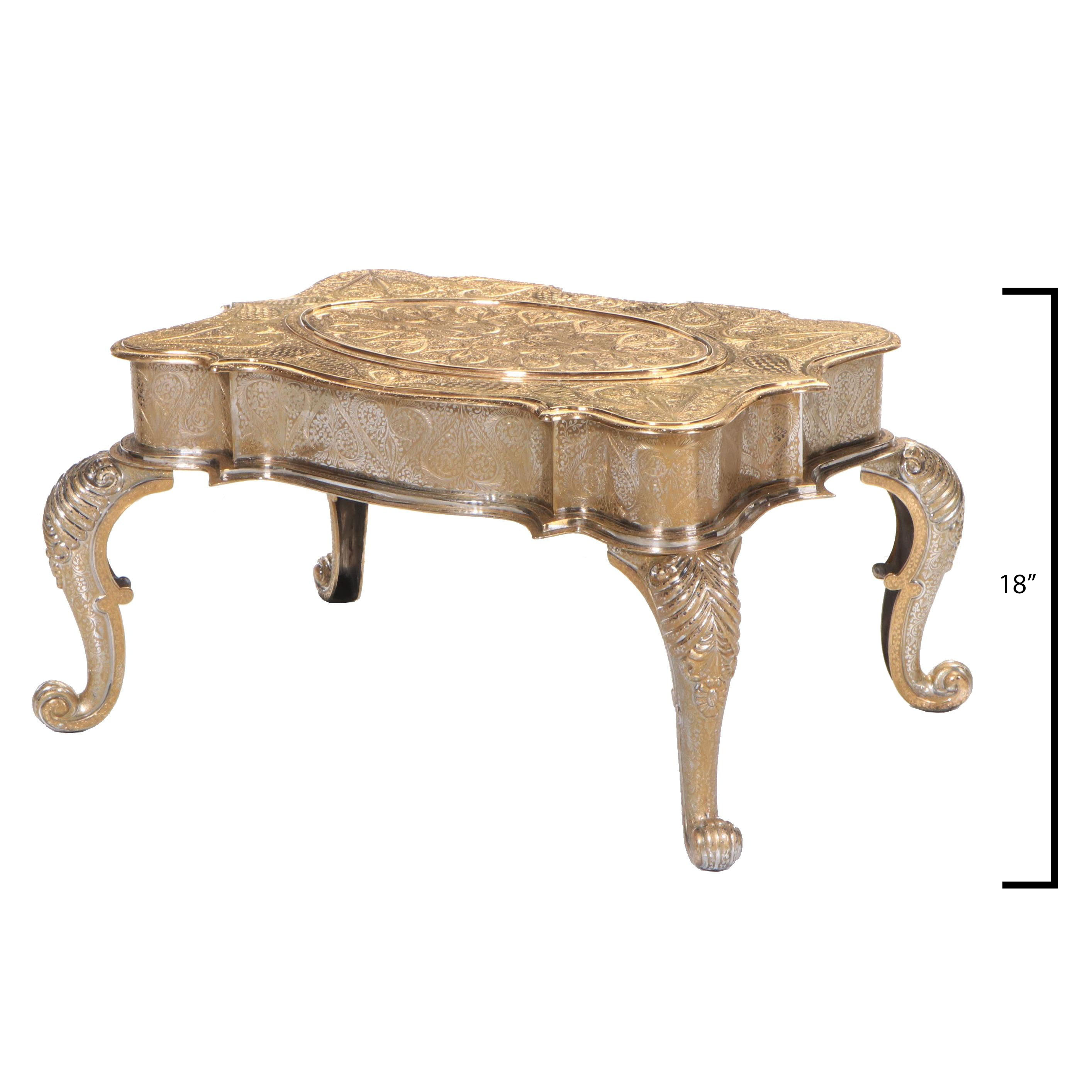 Zimbalist Thorens Reuge Ten-Song Music Box Table in Engraved Gilt Metal Case