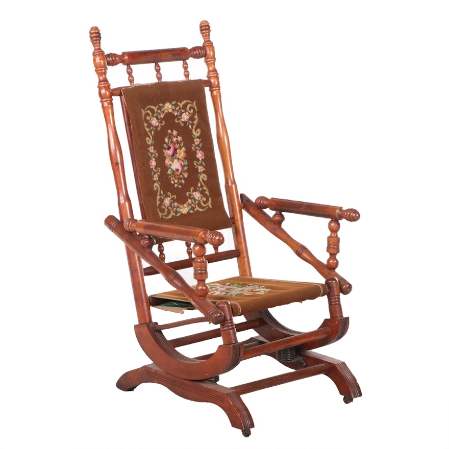 Victorian Maple and Needlepoint Platform Rocker, Late 19th Century