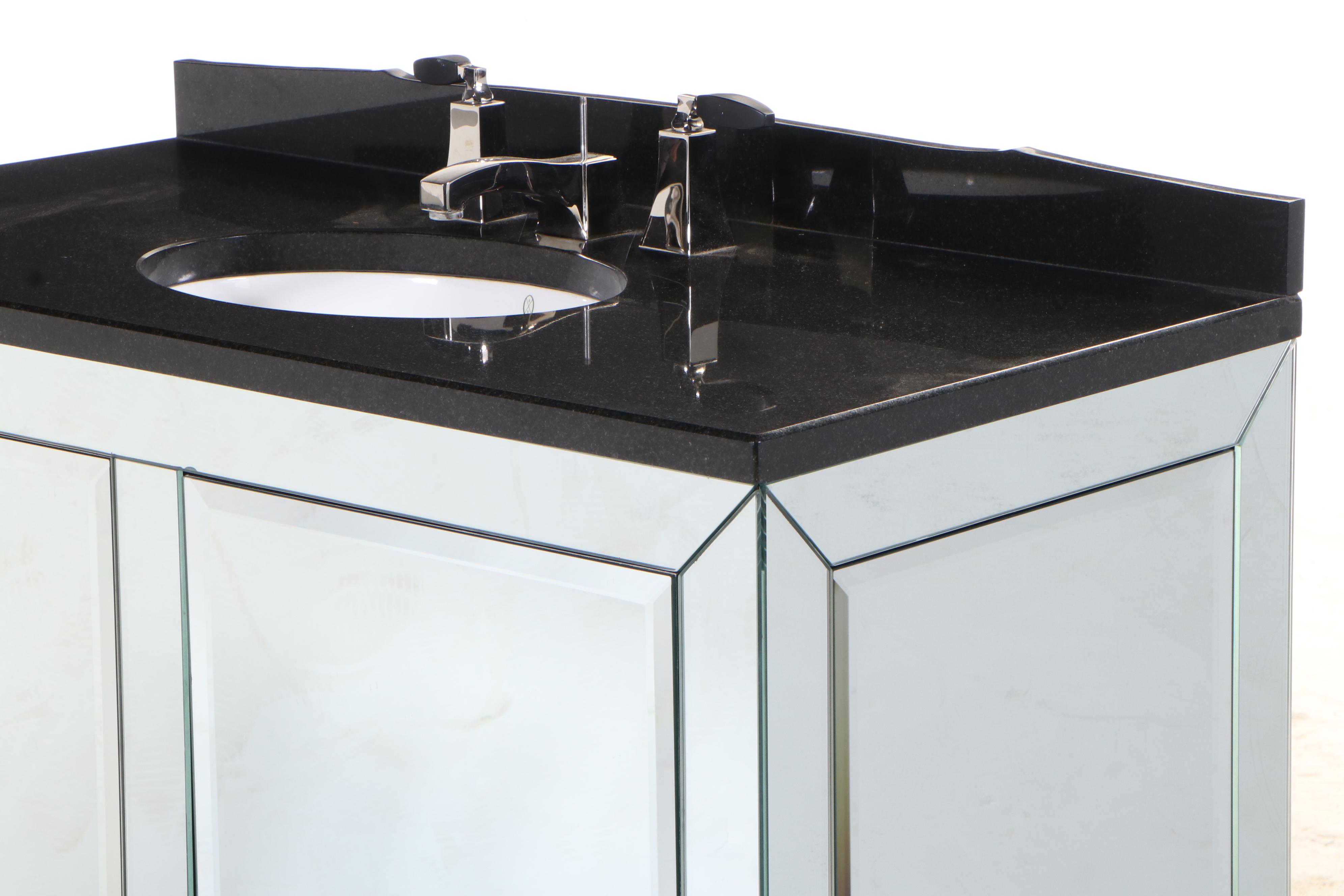 Beveled Mirrored Bathroom Vanity with Kallista Sink and Black Granite Top