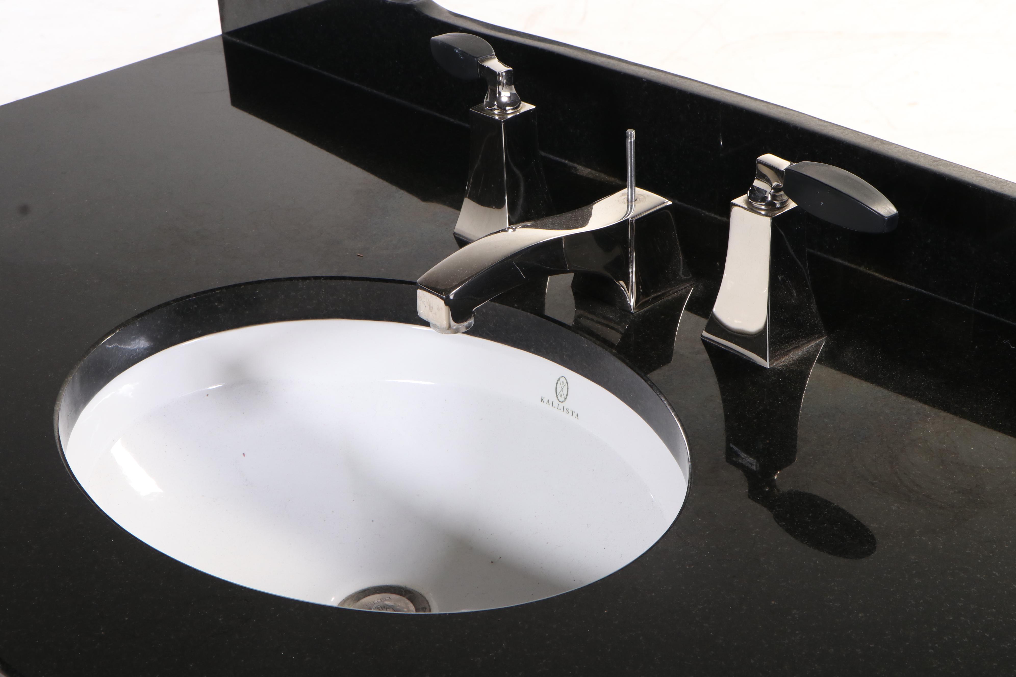 Beveled Mirrored Bathroom Vanity with Kallista Sink and Black Granite Top