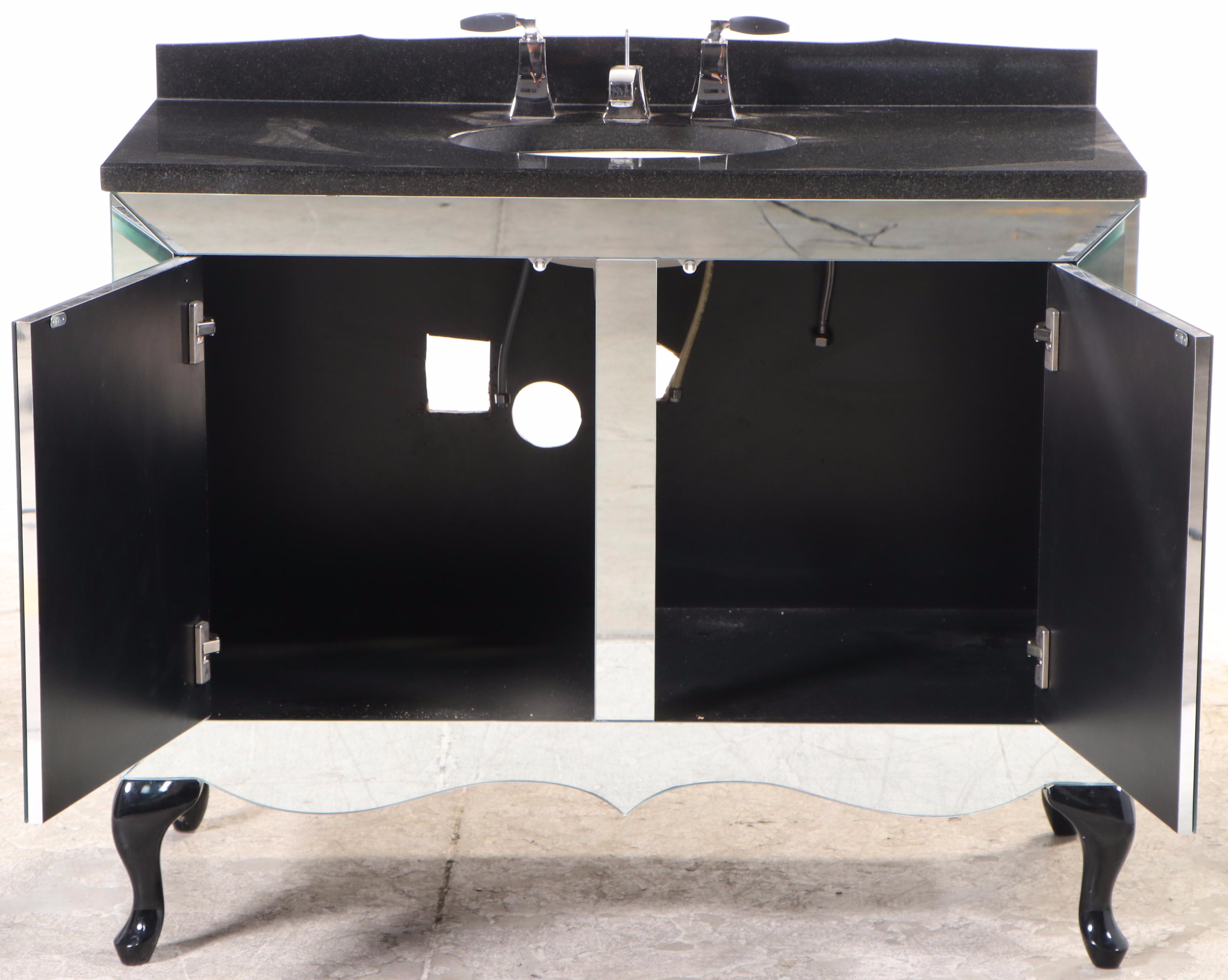 Beveled Mirrored Bathroom Vanity with Kallista Sink and Black Granite Top