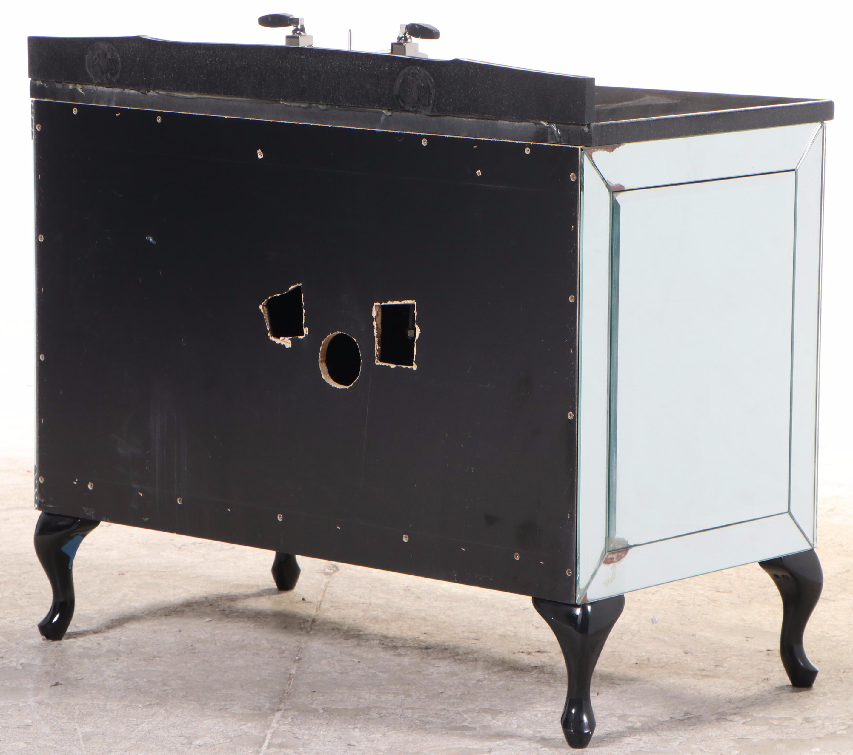 Beveled Mirrored Bathroom Vanity with Kallista Sink and Black Granite Top