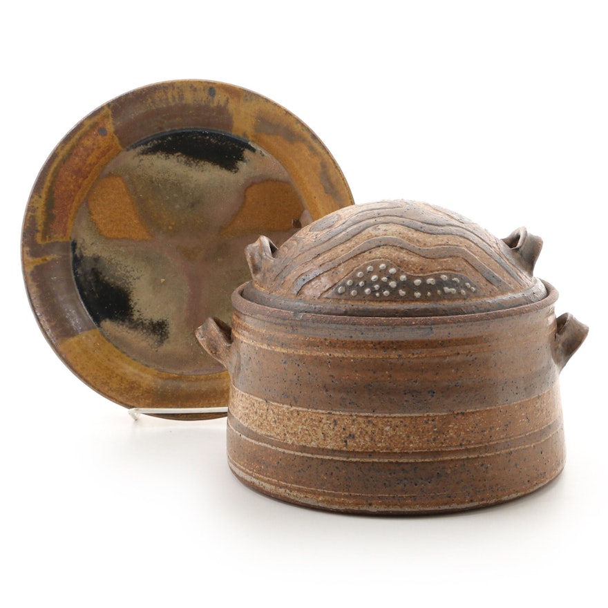 Artisan Glazed Pottery Lidded Casserole and Plate, Late 20th Century