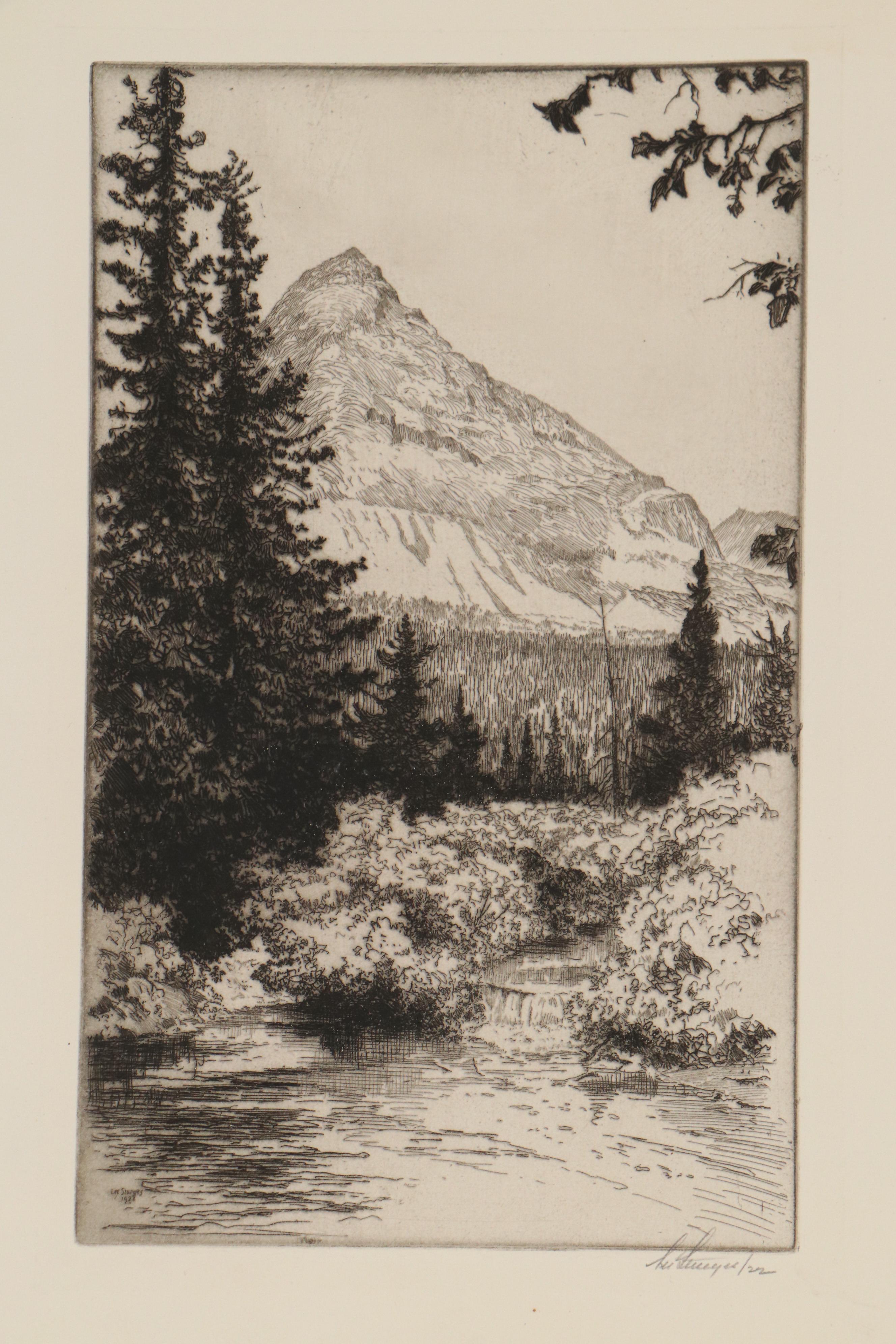Lee Sturges Etching "Cut Bank Creek, a Rocky Mountain Trout Stream," 1922