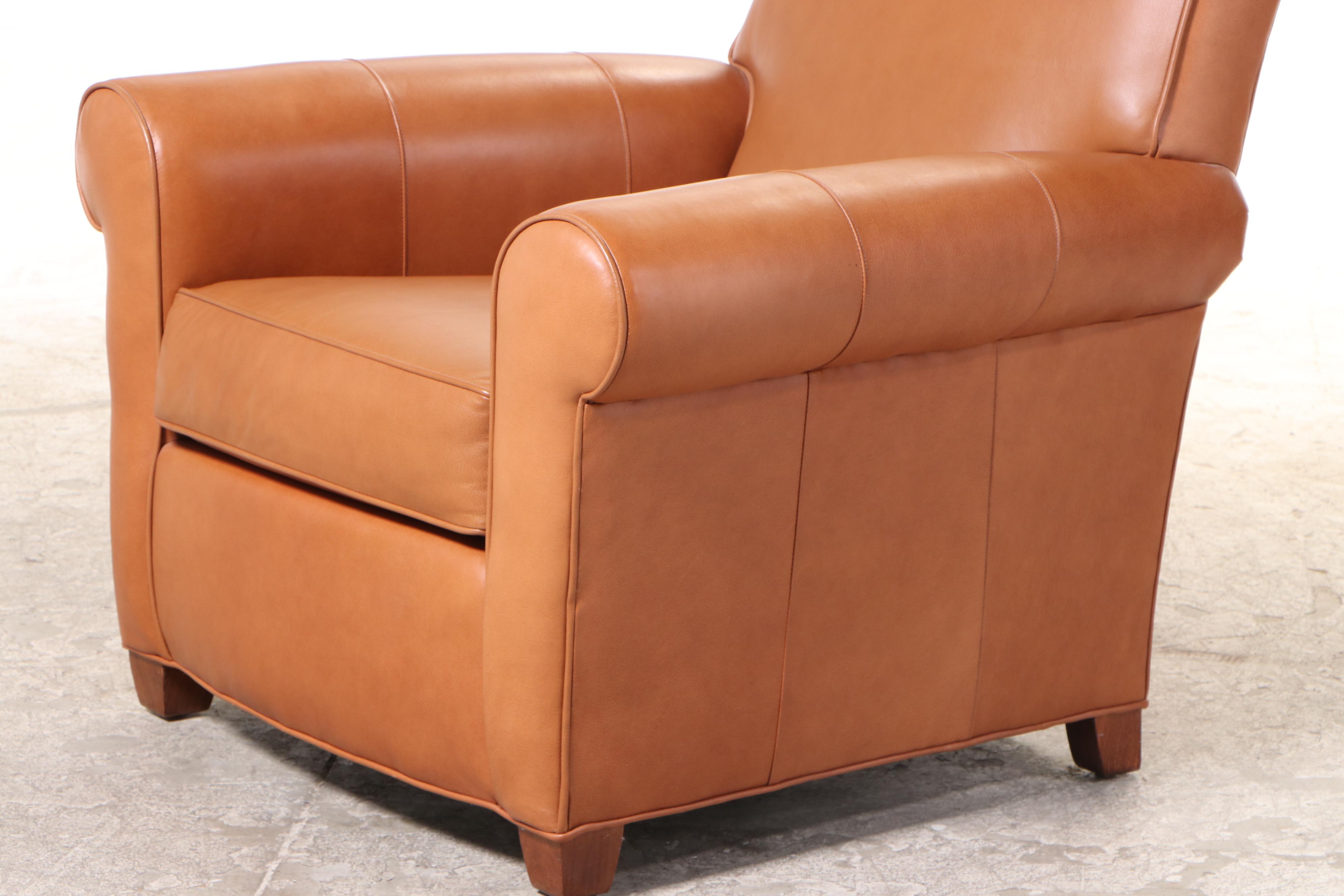 Ethan Allen Brown Leather Roll-Arm Club Chair