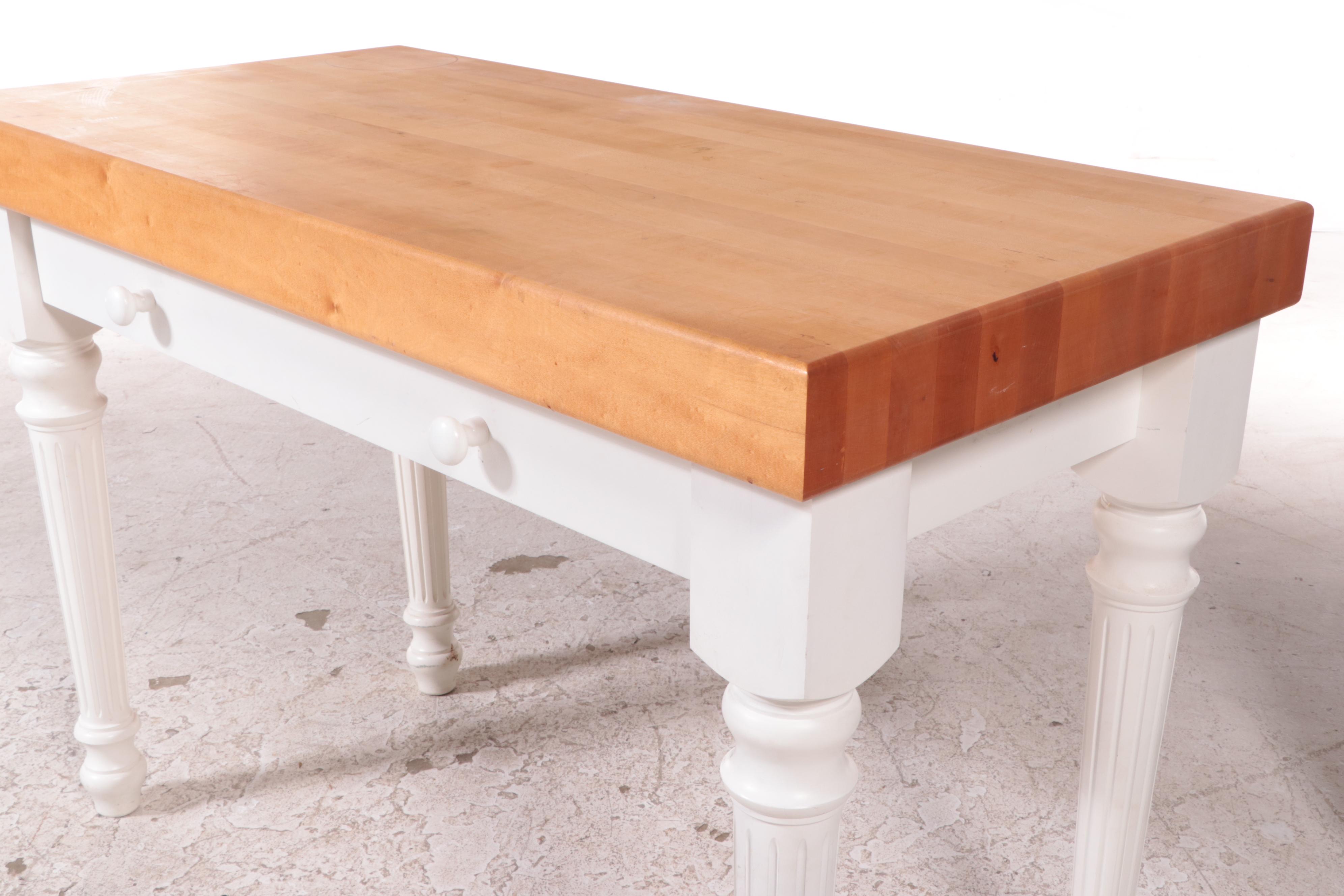 White-Painted Kitchen Work Table with Maple Butcher Block Top, Late 20th Century