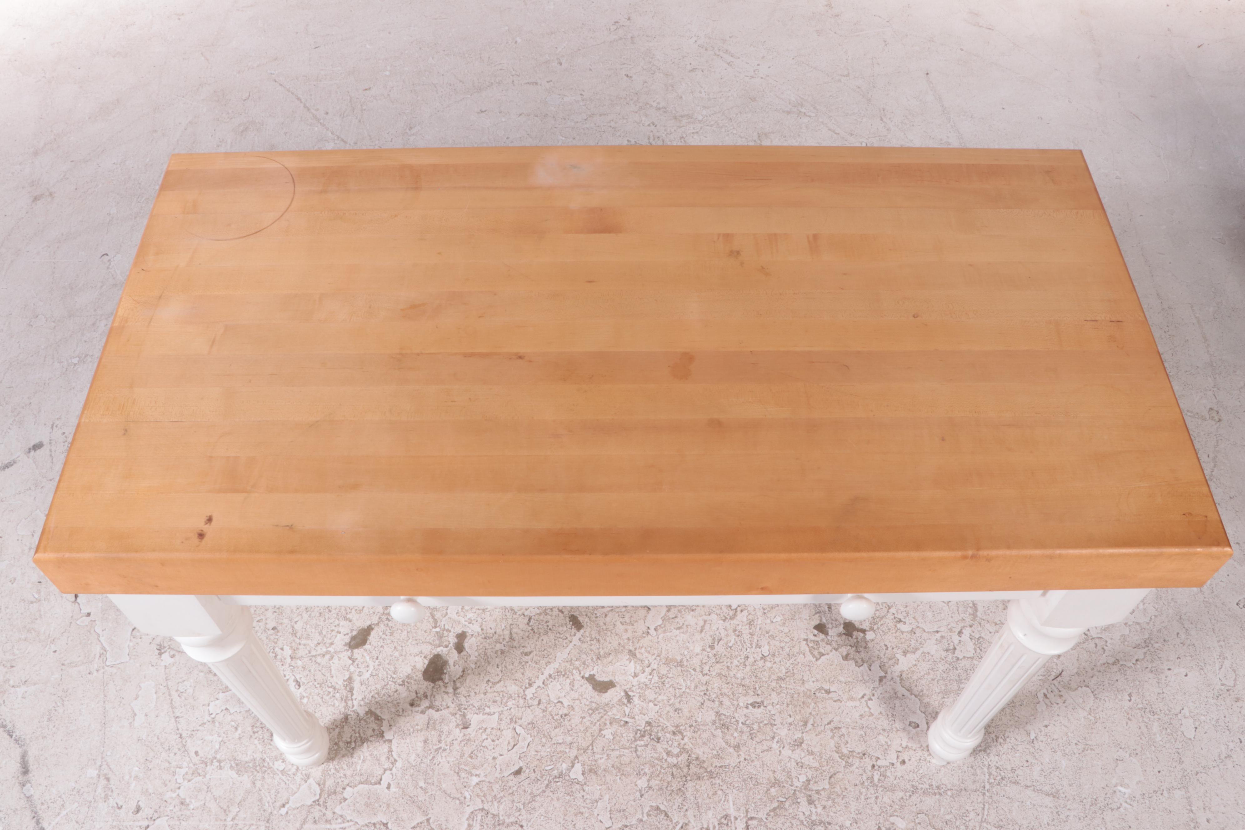 White-Painted Kitchen Work Table with Maple Butcher Block Top, Late 20th Century