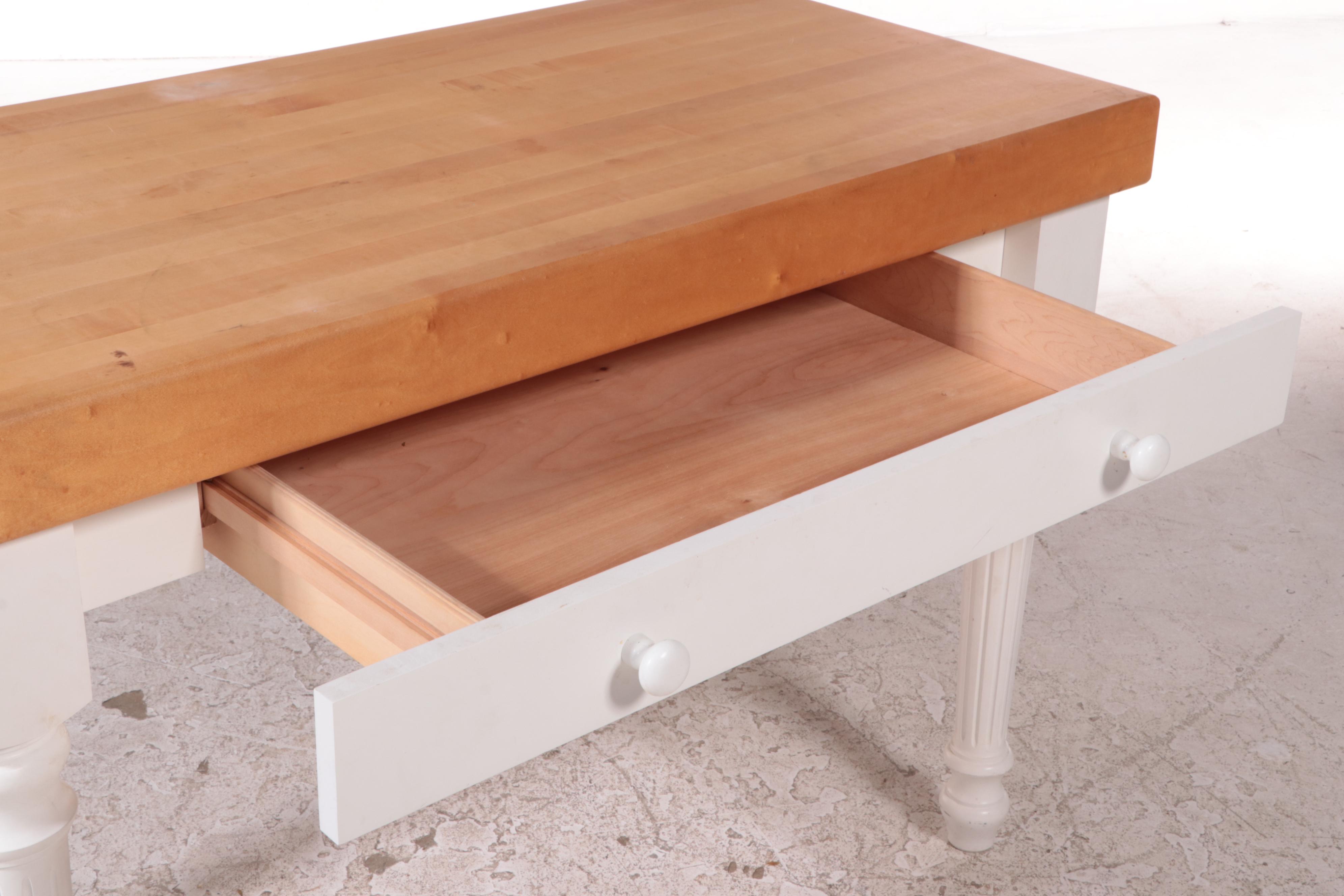 White-Painted Kitchen Work Table with Maple Butcher Block Top, Late 20th Century