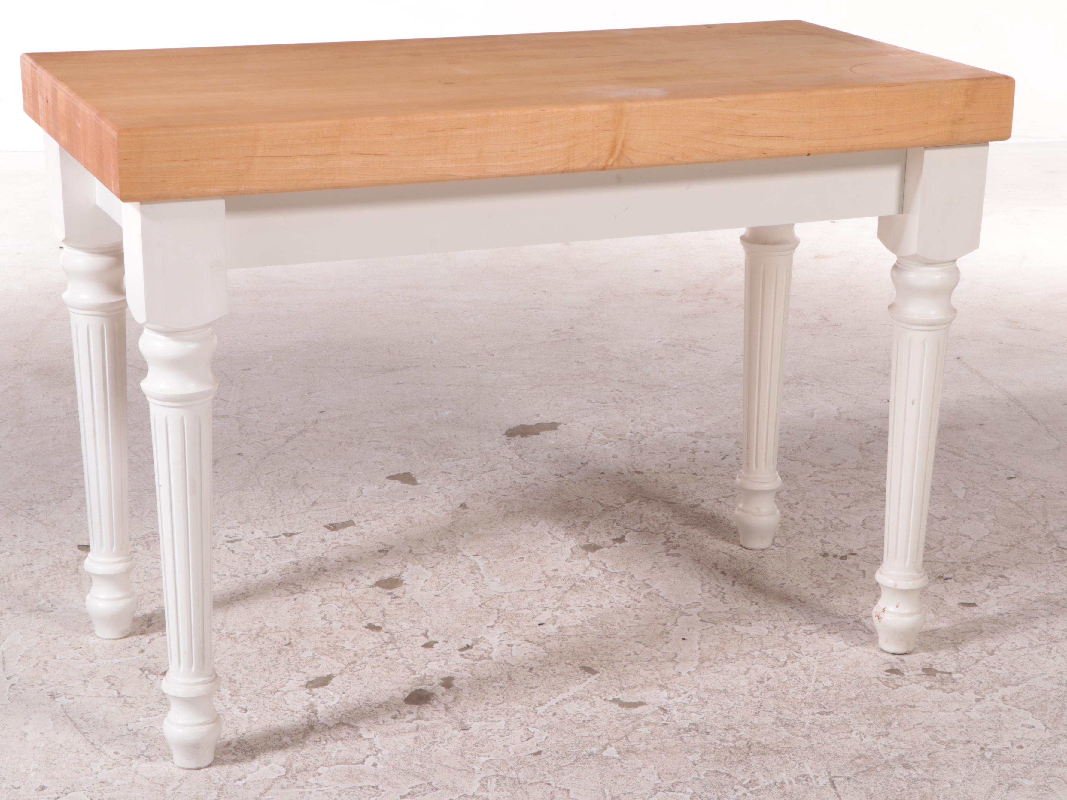 White-Painted Kitchen Work Table with Maple Butcher Block Top, Late 20th Century