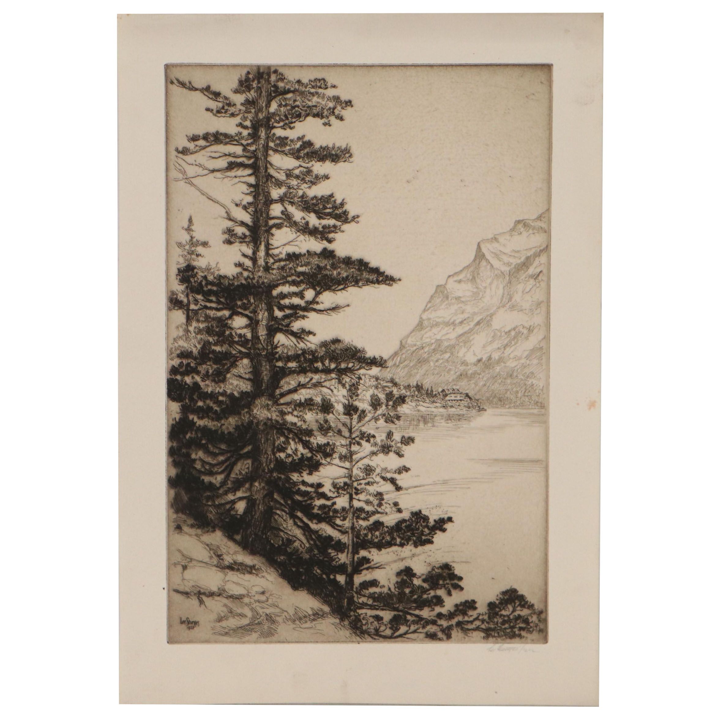 Lee Sturges Wilderness Etching "Upper St. Mary's Lake, Glacier Park," 1922