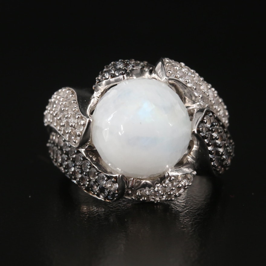 Sterling Rainbow Moonstone and Topaz Ring