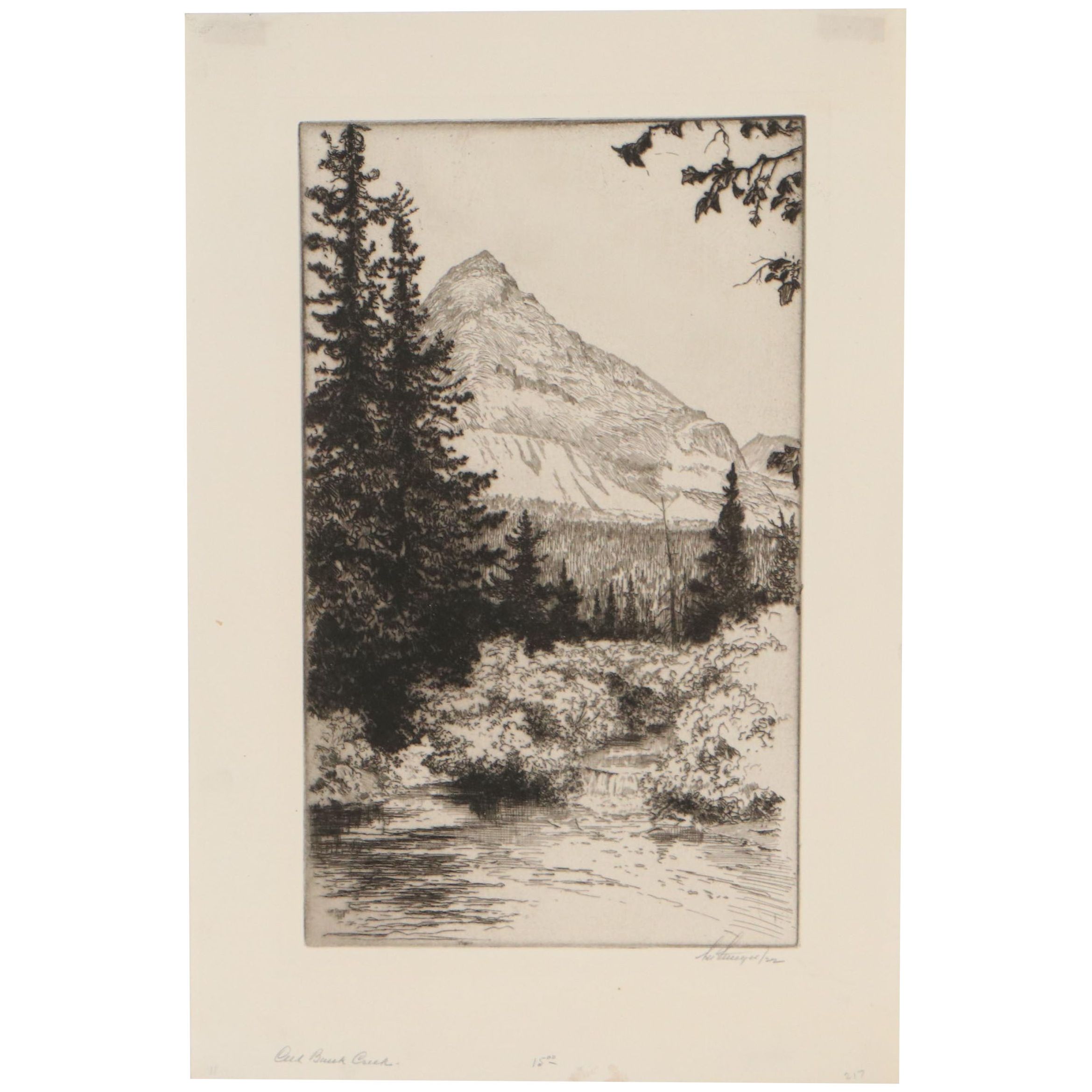 Lee Sturges Etching "Cut Bank Creek, a Rocky Mountain Trout Stream," 1922