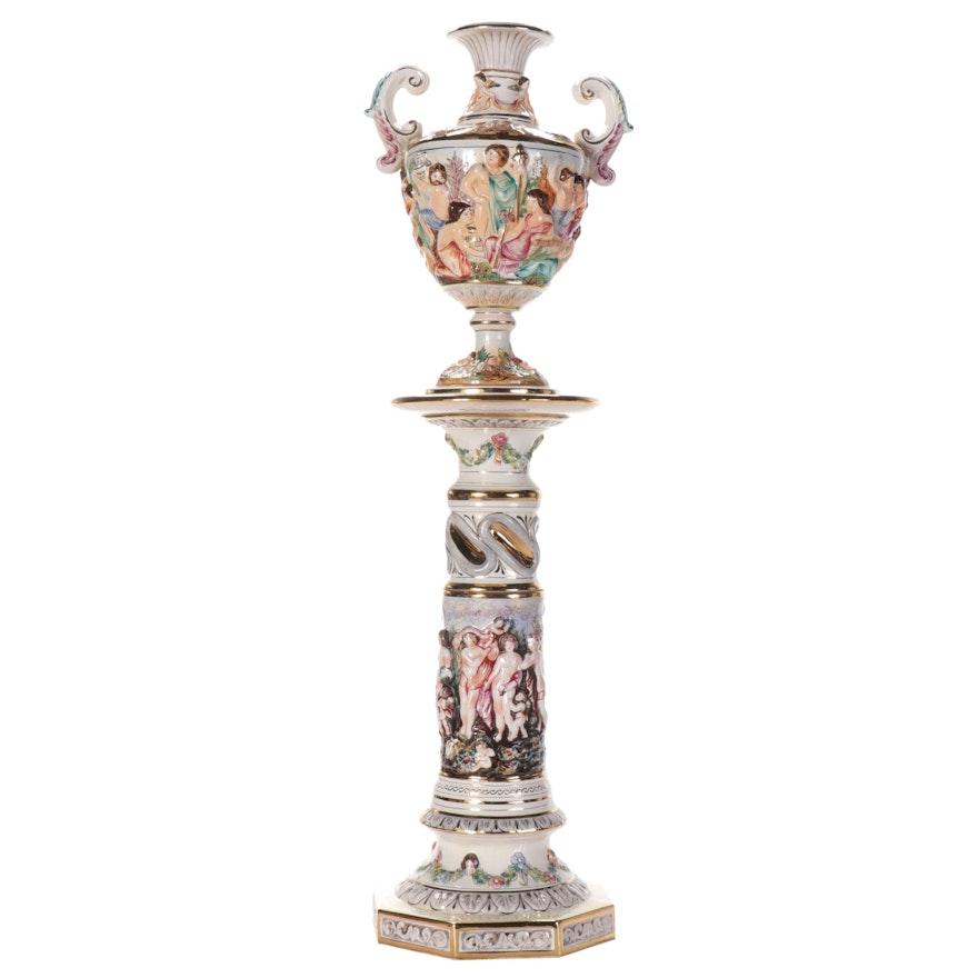 Capodimonte Figural Porcelain Urn and Pedestal, Mid to Late 20th Century