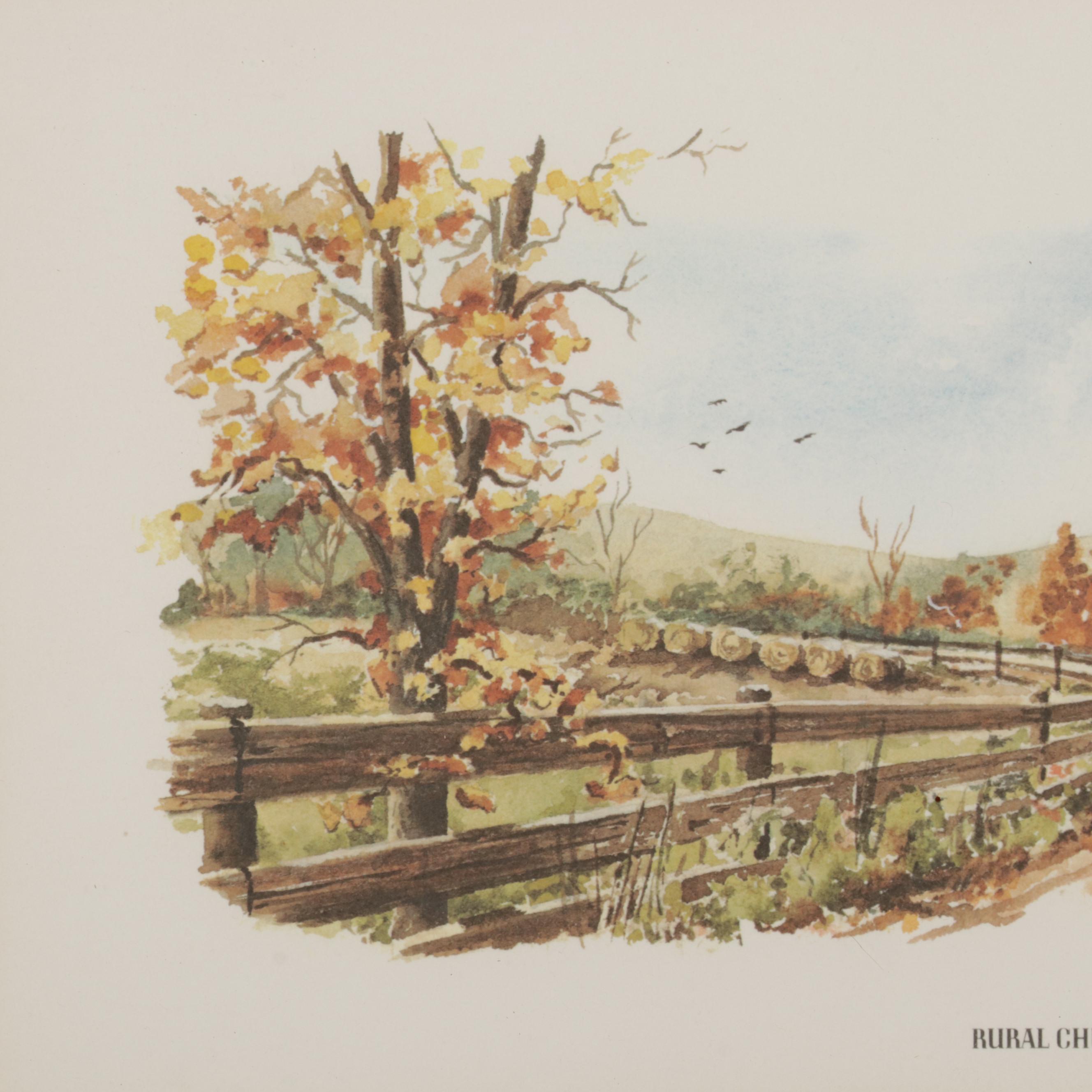 Ray Day Offset Lithograph "Rural Church In Autumn"
