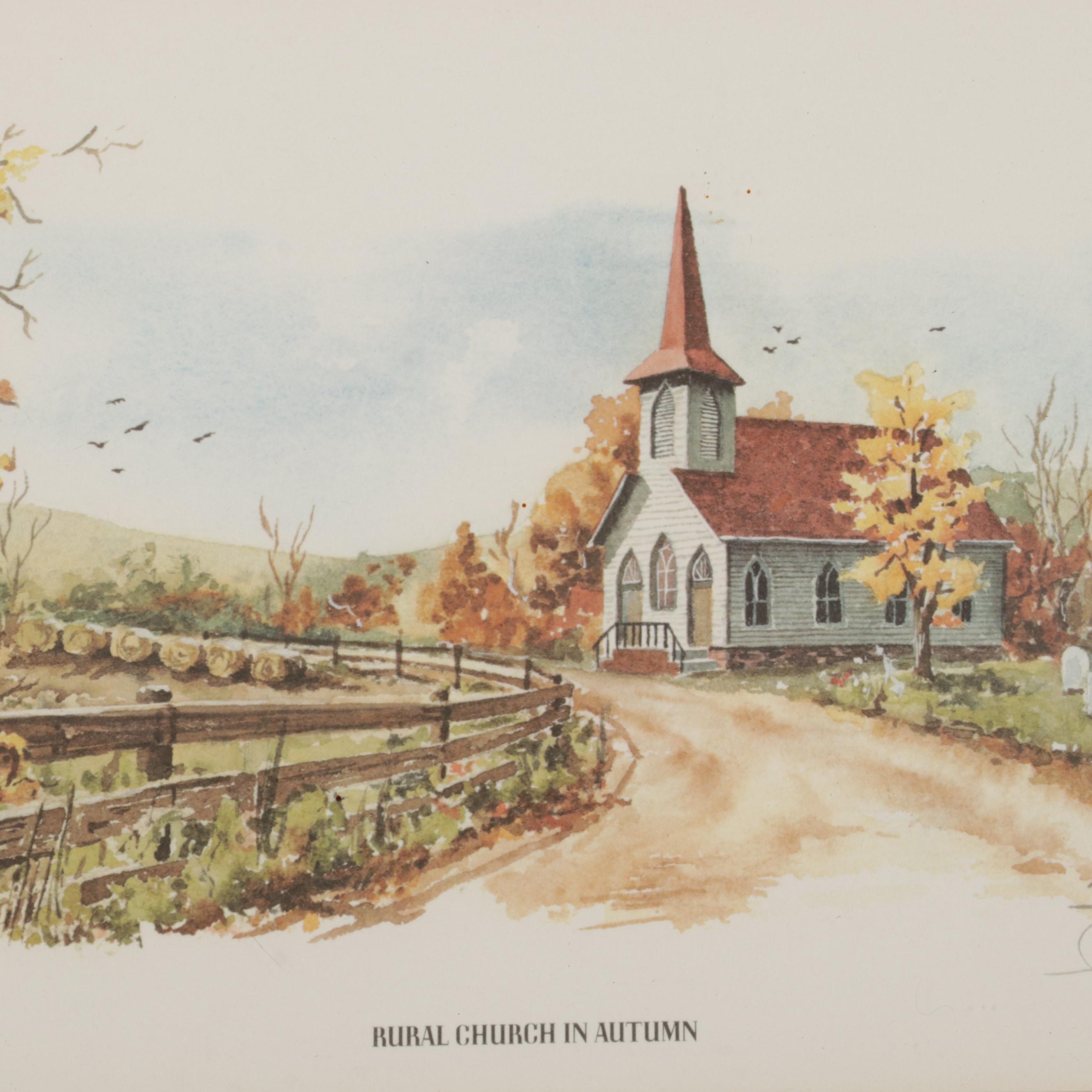 Ray Day Offset Lithograph "Rural Church In Autumn"