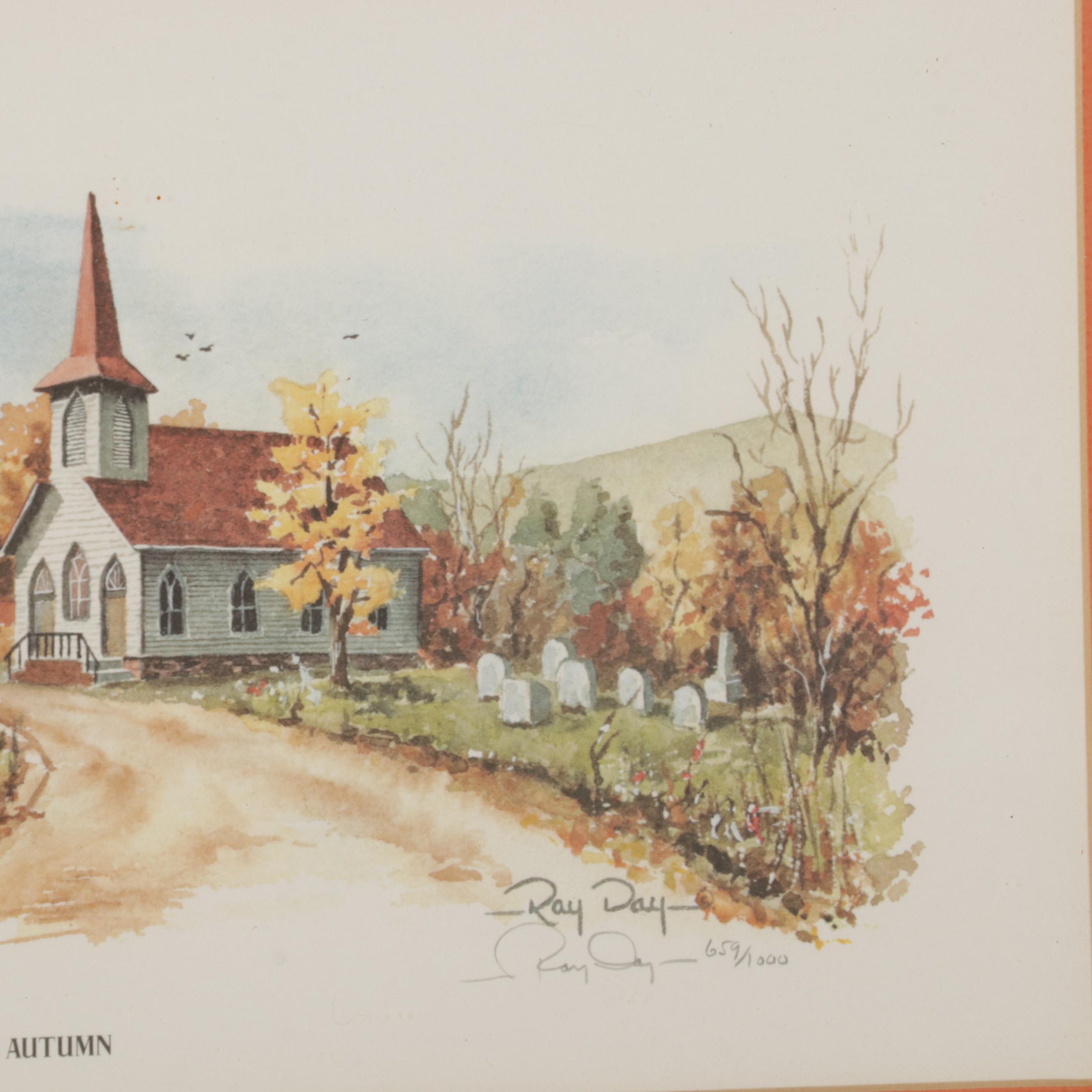 Ray Day Offset Lithograph "Rural Church In Autumn"