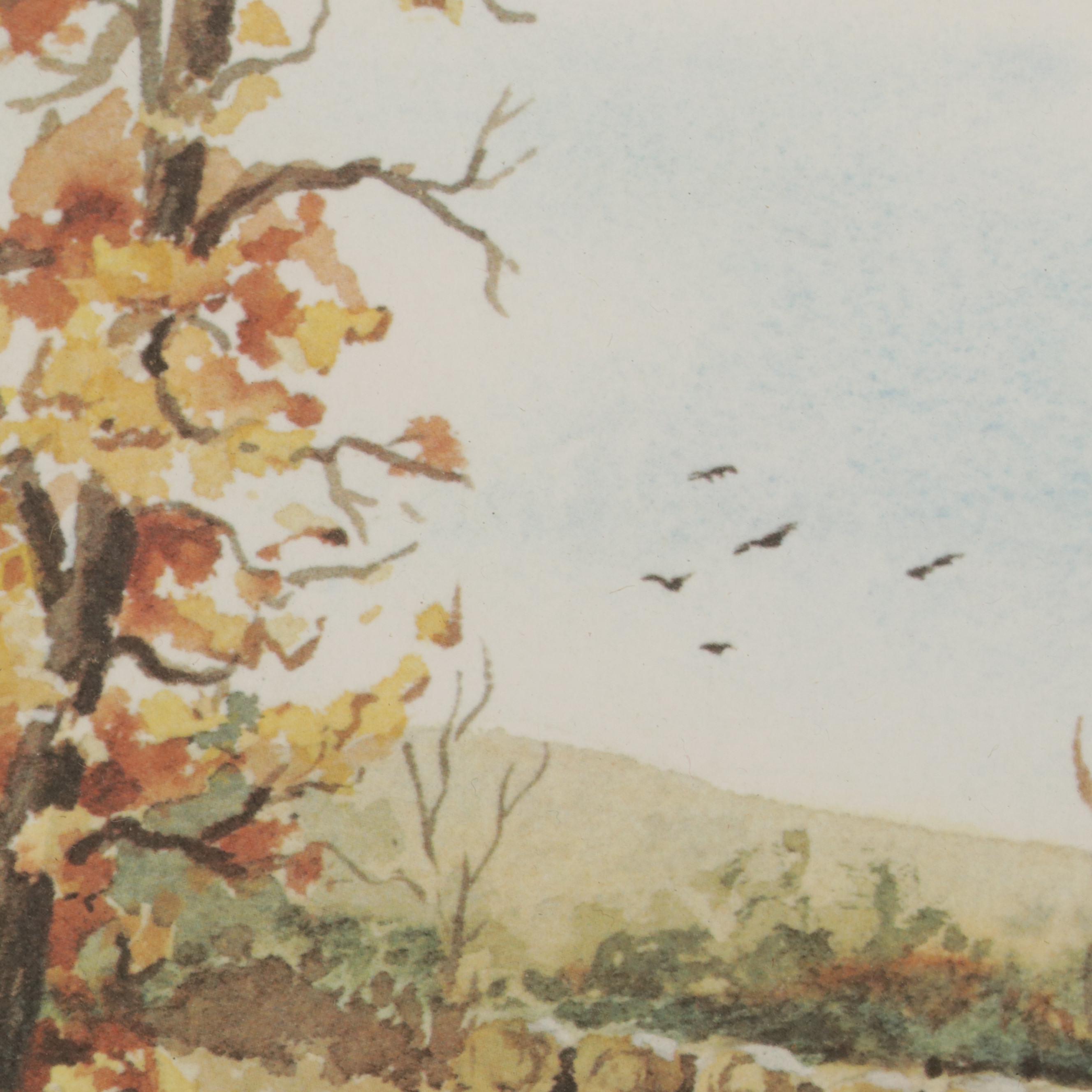 Ray Day Offset Lithograph "Rural Church In Autumn"