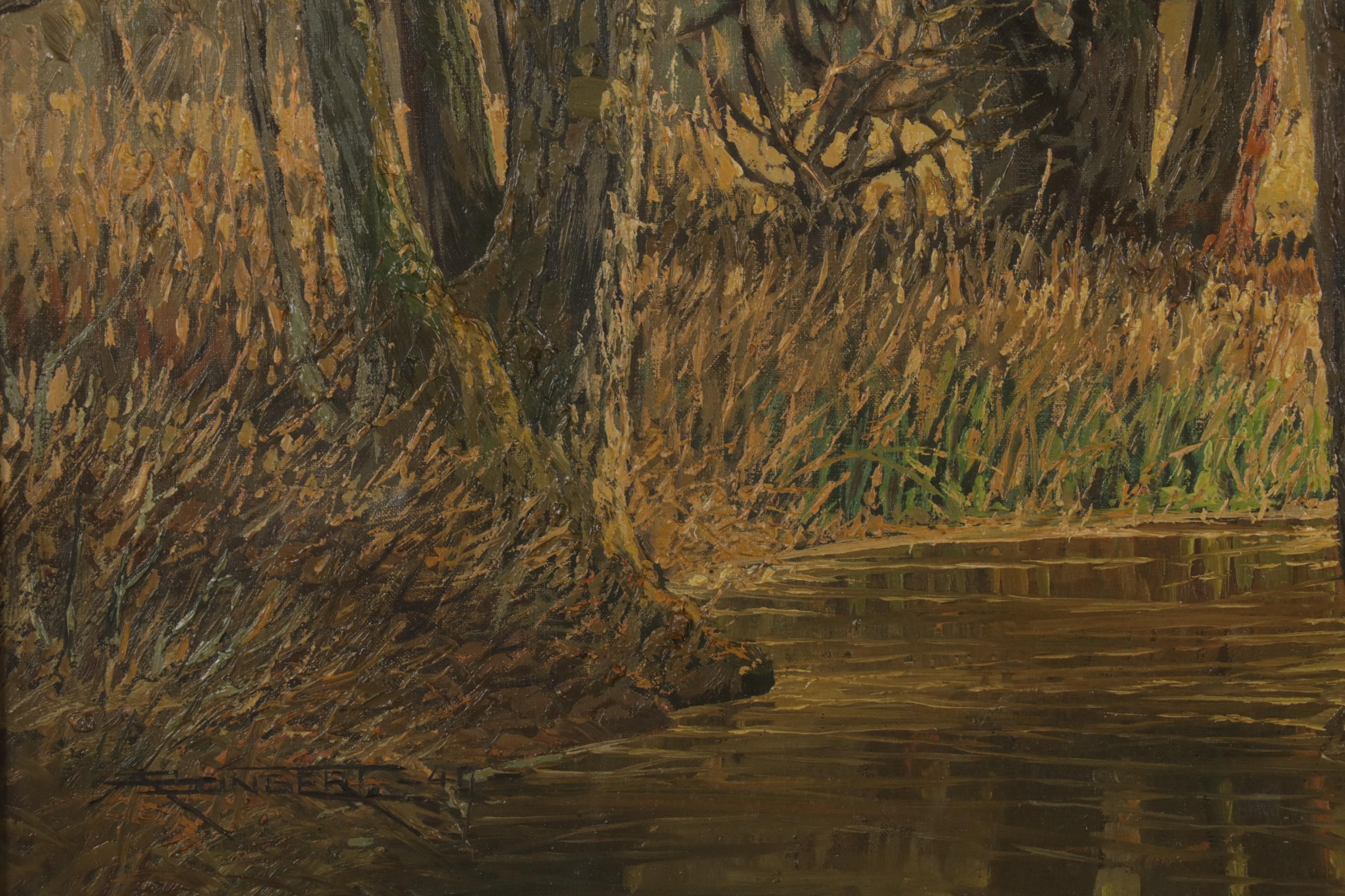 Oil Painting of Creekside Forest Landscape, 1940