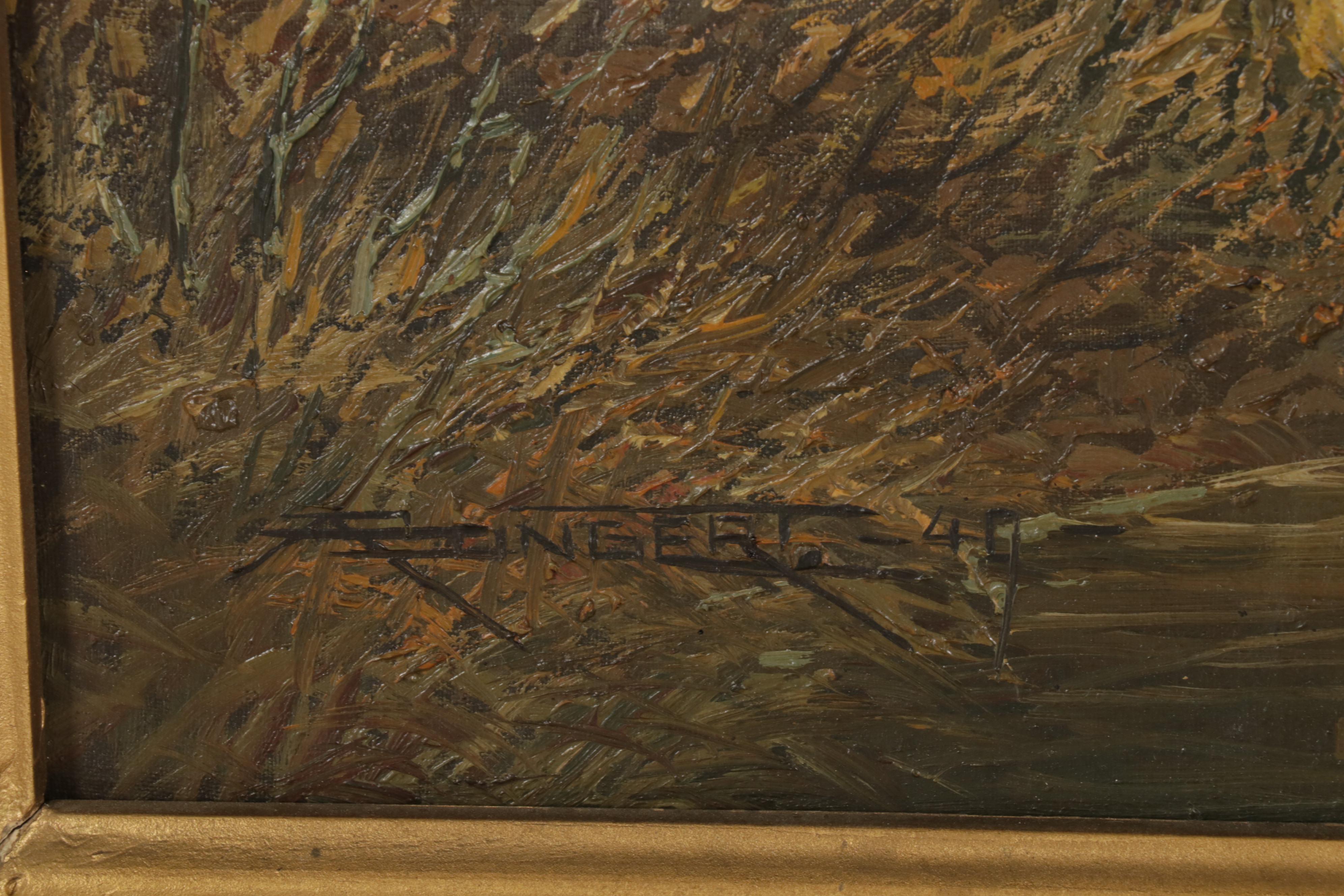 Oil Painting of Creekside Forest Landscape, 1940