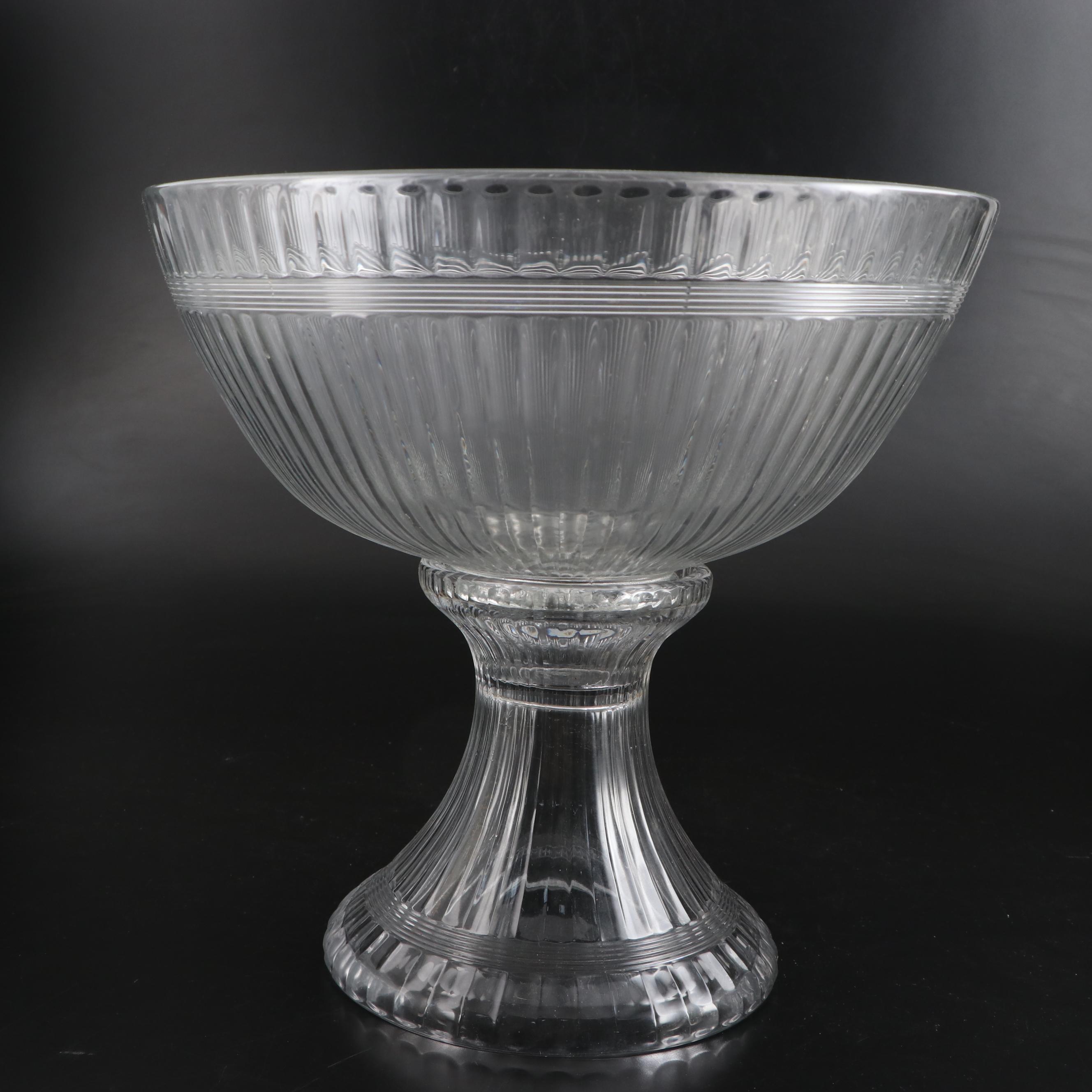 Heisey Punch Bowl with Stand, Anchor Hocking Candlesticks, Jeannette Dessert Set