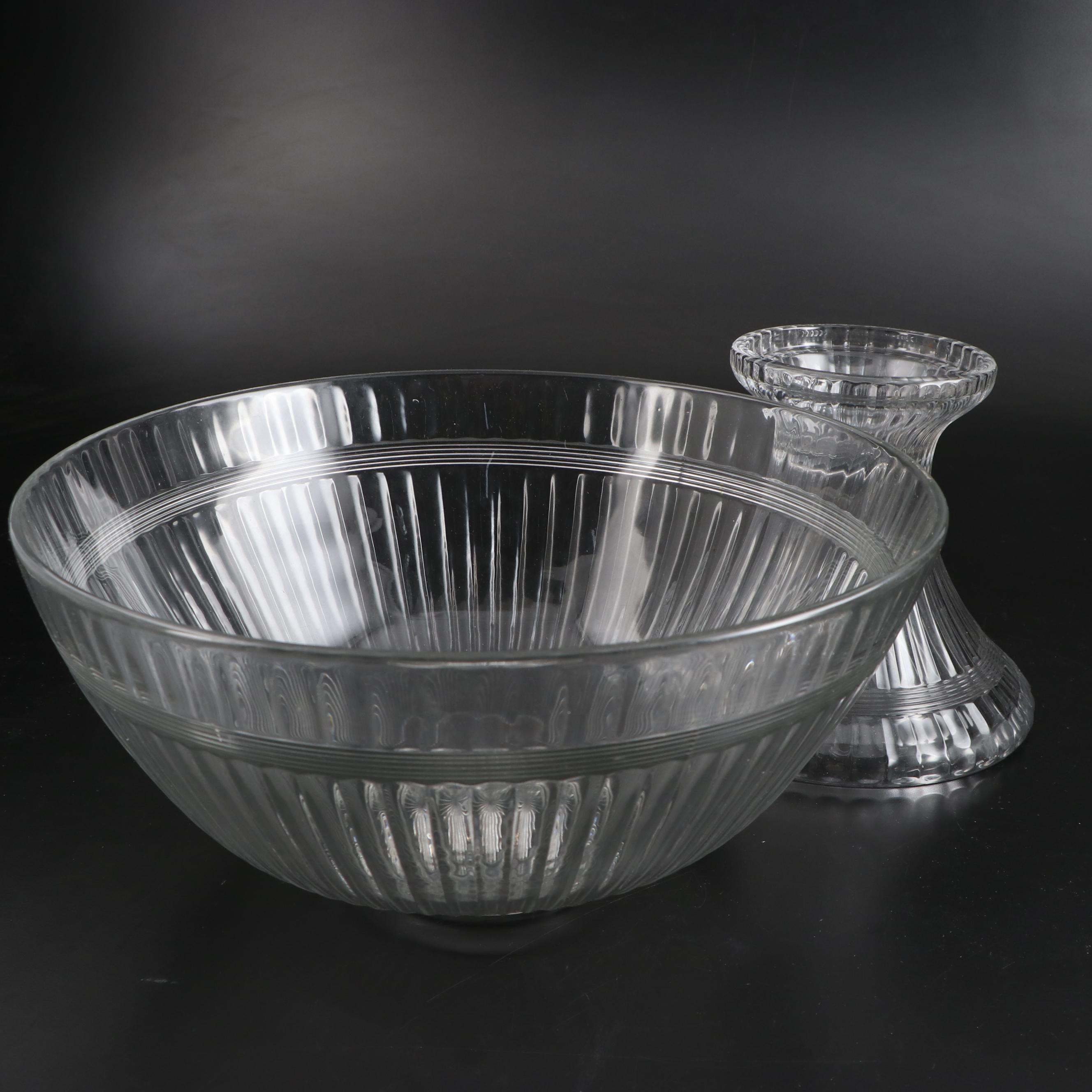 Heisey Punch Bowl with Stand, Anchor Hocking Candlesticks, Jeannette Dessert Set