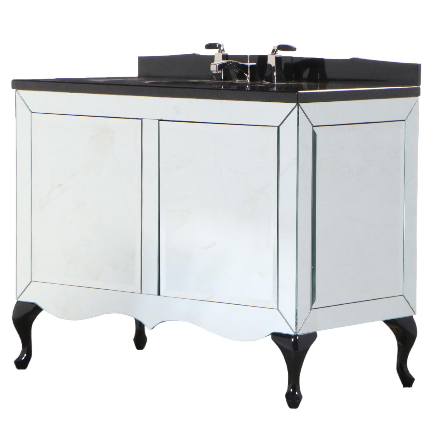 Beveled Mirrored Bathroom Vanity with Kallista Sink and Black Granite Top