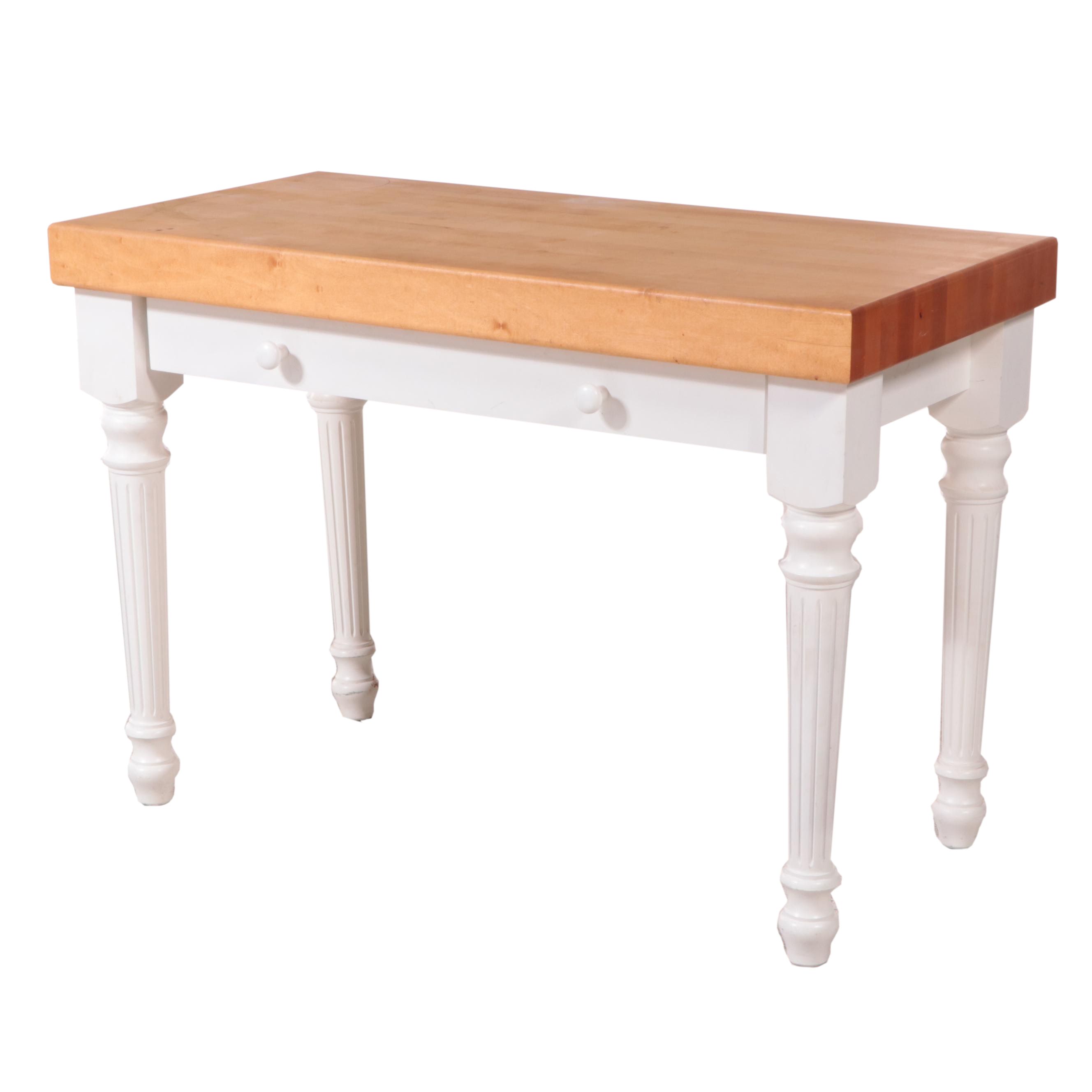 White-Painted Kitchen Work Table with Maple Butcher Block Top, Late 20th Century