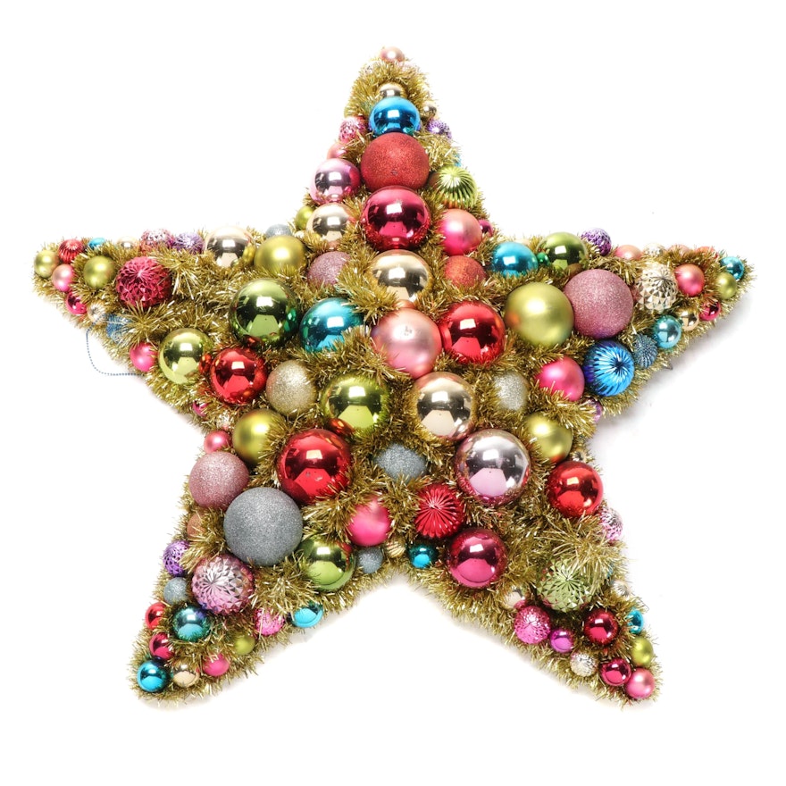 Christmas Ornament and Metallic Tinsel Decorated Star Outdoor Wall Décor
