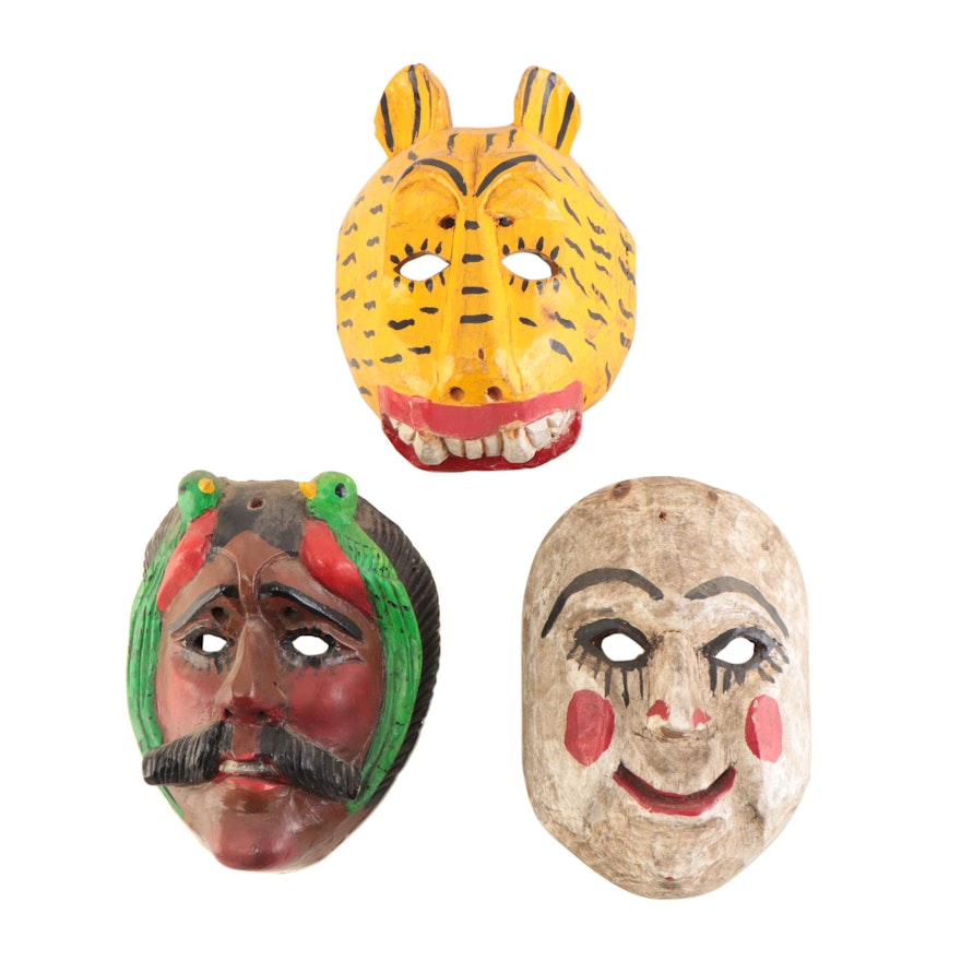 Central American Polychrome Carved Wood Masks