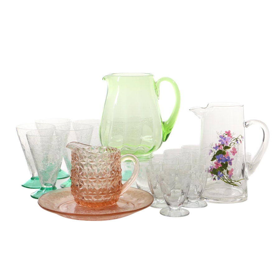 Hand-Painted Glass Pitcher with Other Glass Tableware, Mid to Late 20th Century