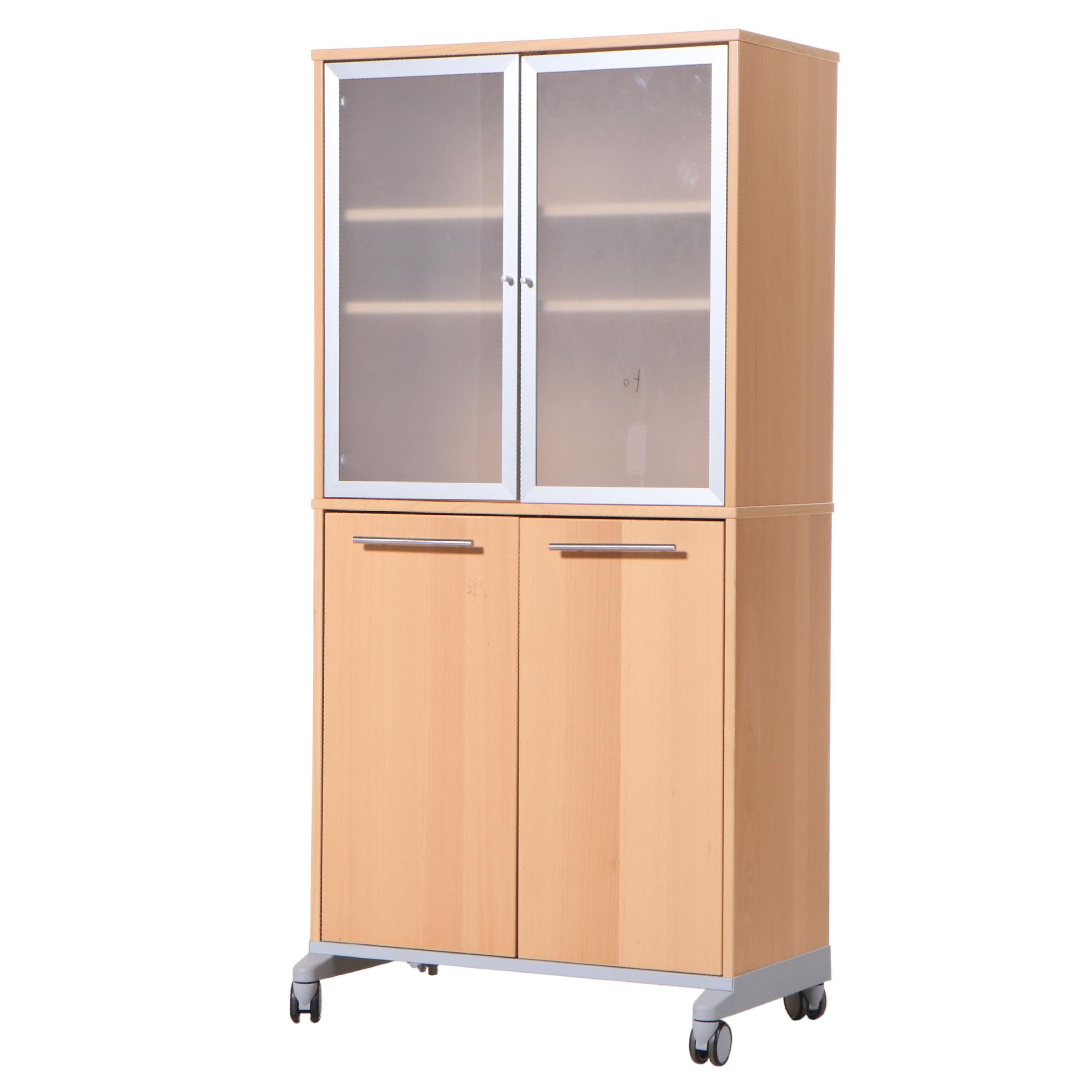 Beech Cabinet on Casters with frosted Glass Doors