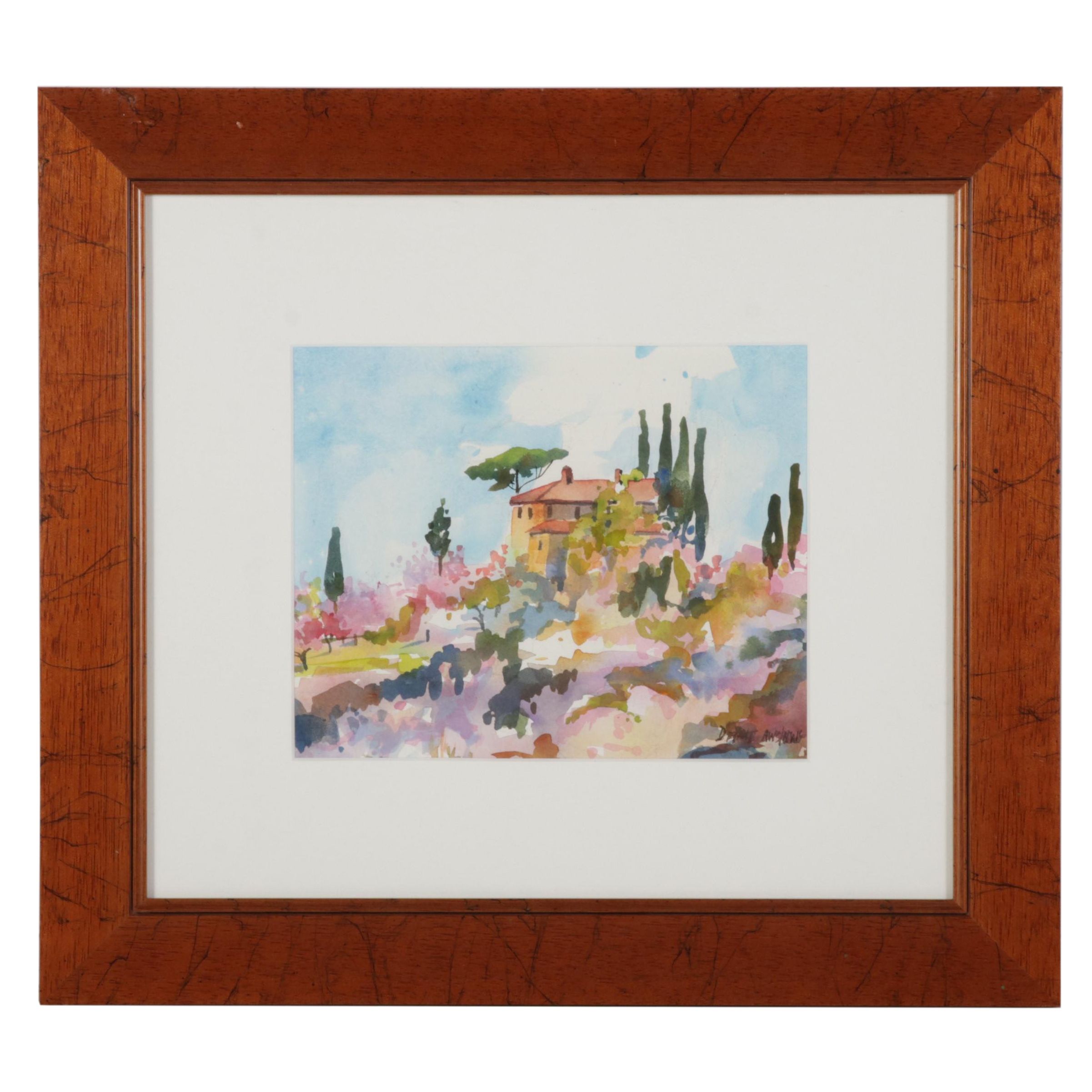 Watercolor Painting of a Hillside Landscape