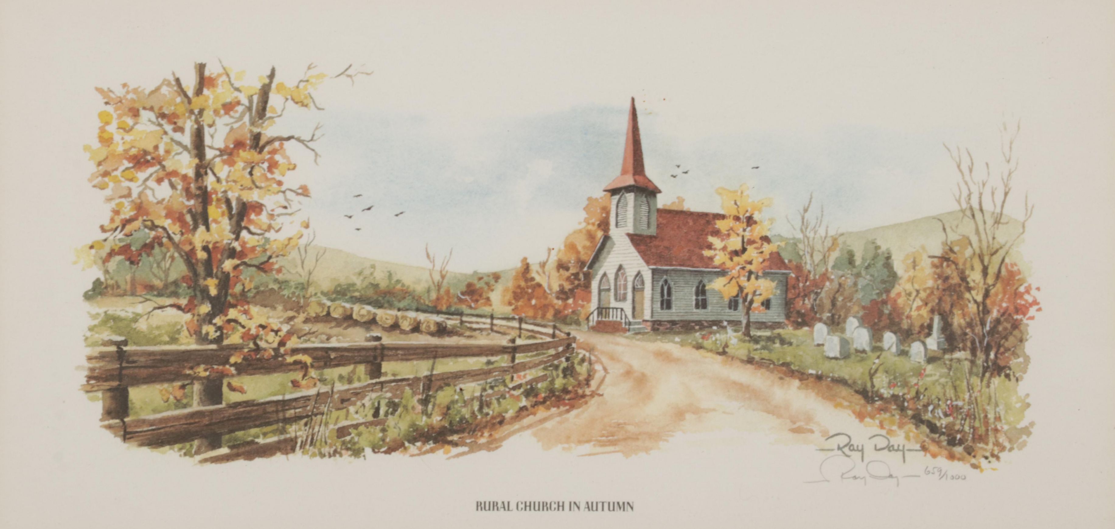 Ray Day Offset Lithograph "Rural Church In Autumn"