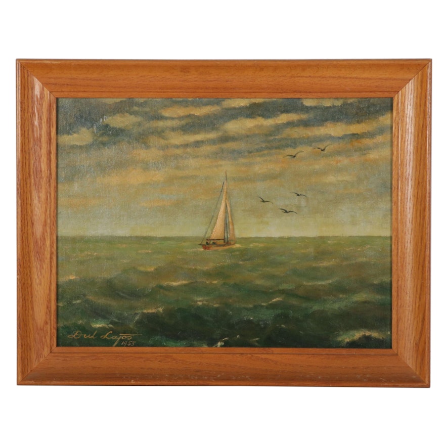 Dul Latos Maritime Oil Painting of Sailboat at Sea, 1955