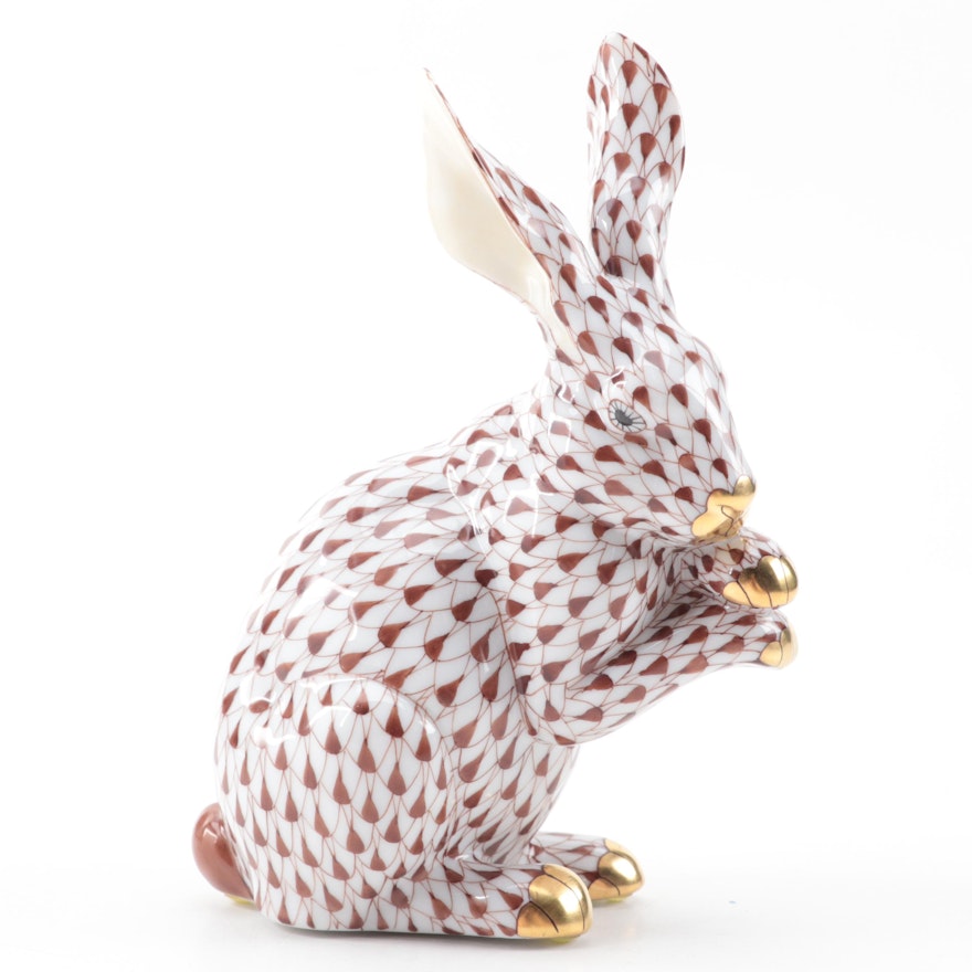 Herend Chocolate Fishnet with Gold "Bunny with Paws Up" Porcelain Figurine
