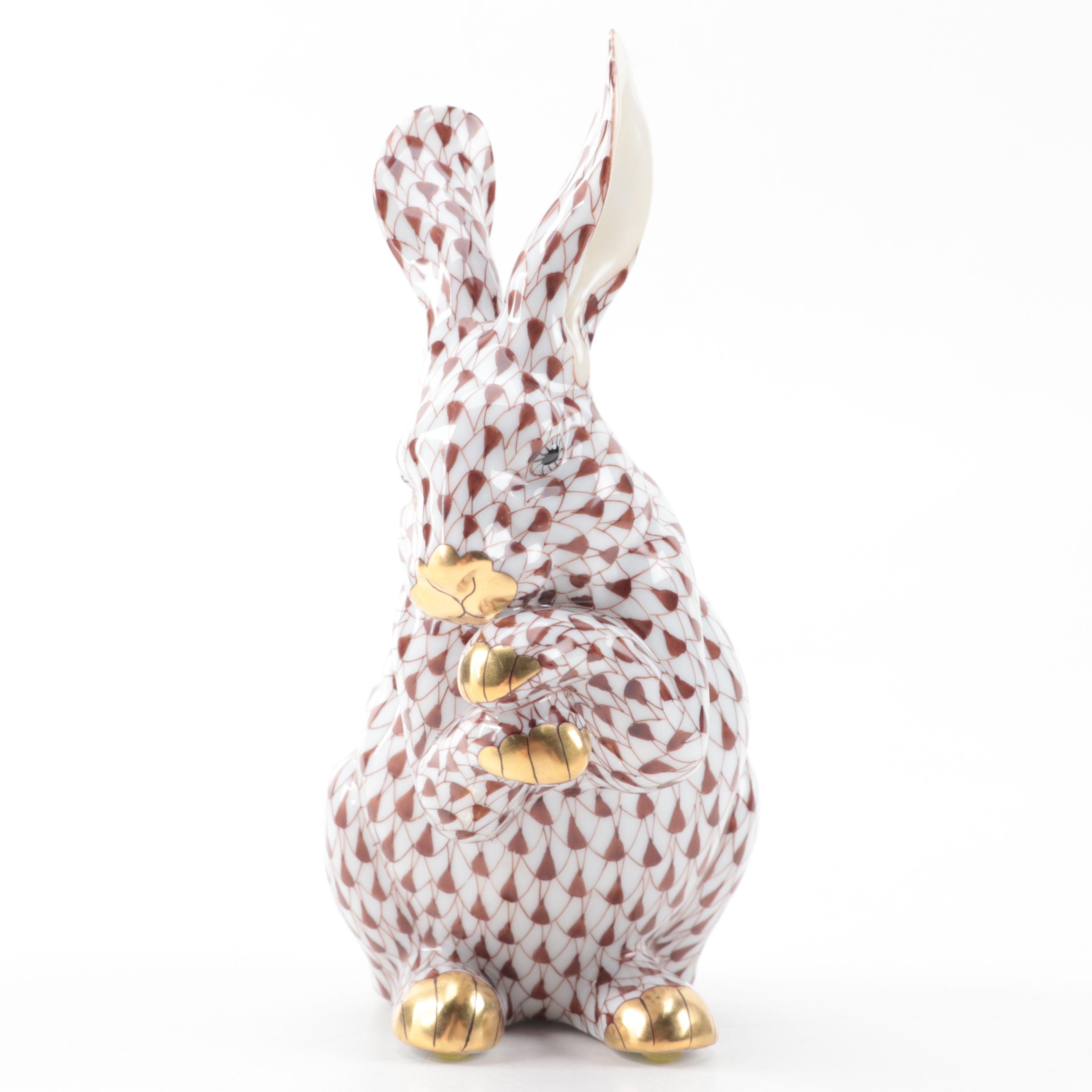 Herend Chocolate Fishnet with Gold "Bunny with Paws Up" Porcelain Figurine