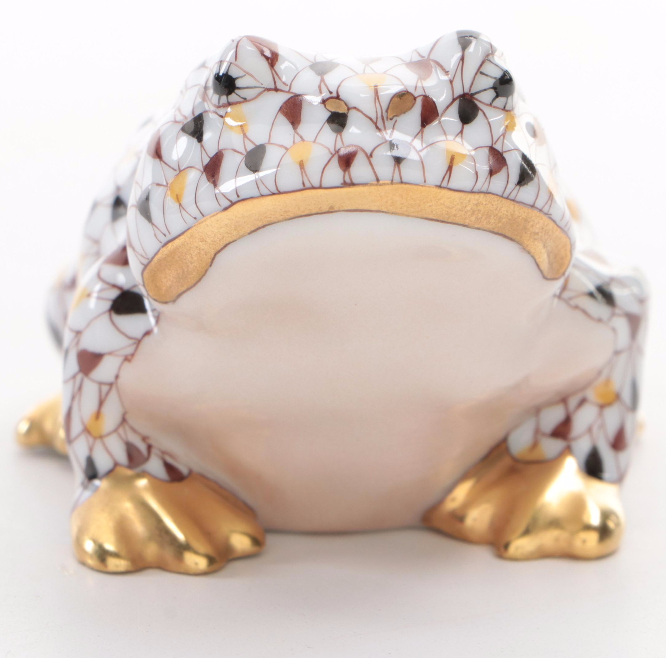 Herend Chocolate Mosaic Fishnet with Gold "Frog" Porcelain Figurine