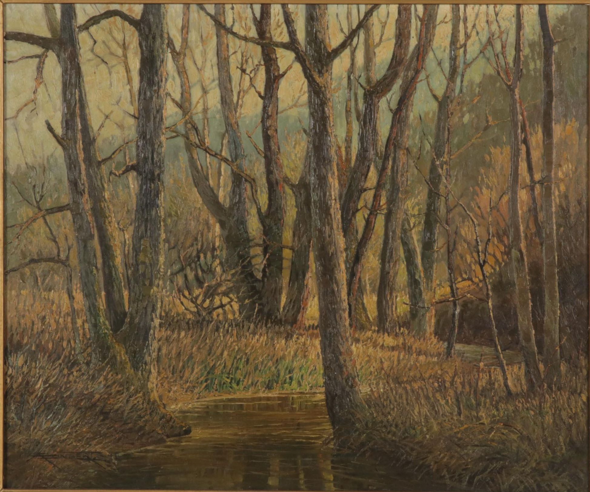 Oil Painting of Creekside Forest Landscape, 1940