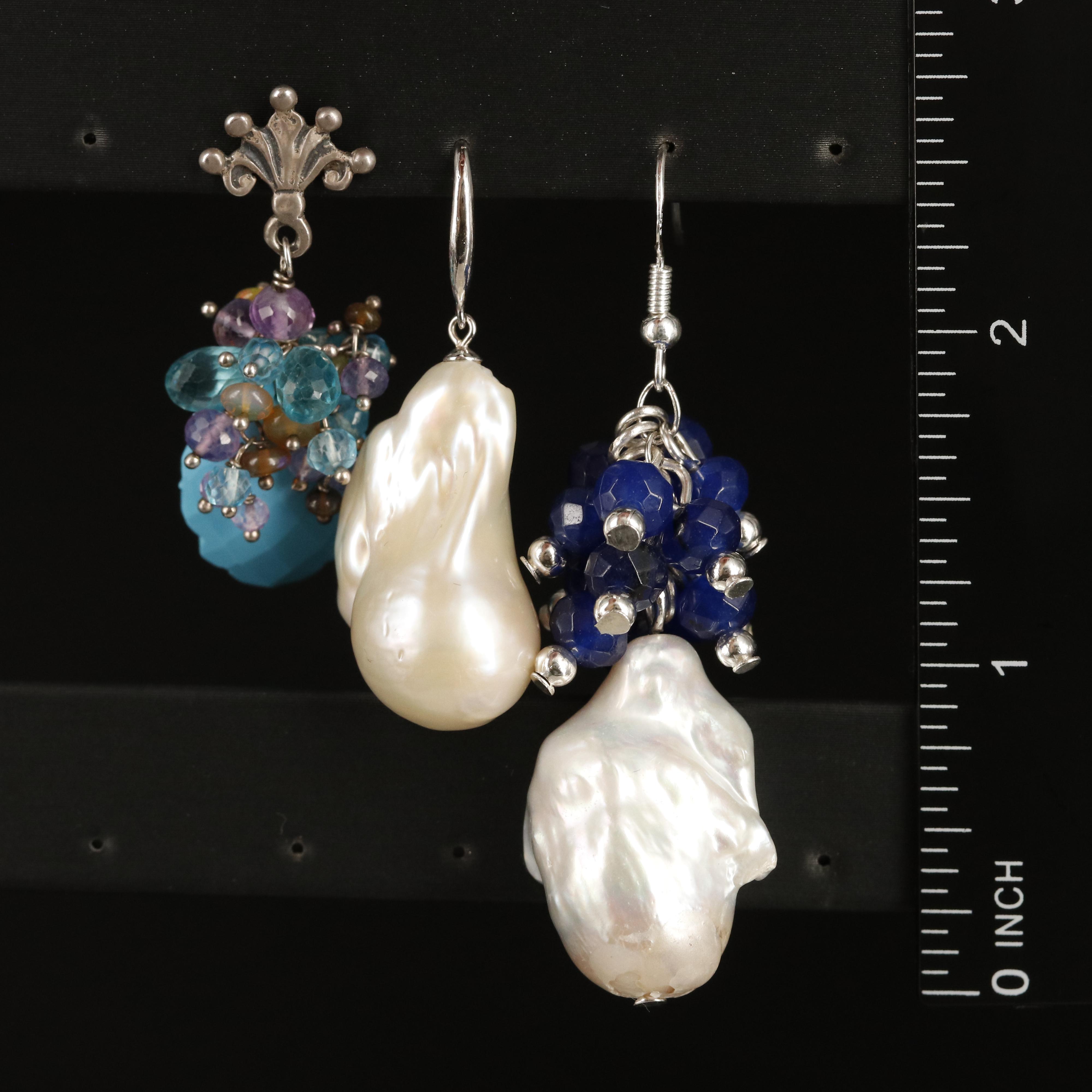 Sterling Drop Earrings with Pearl and Faux Turquoise