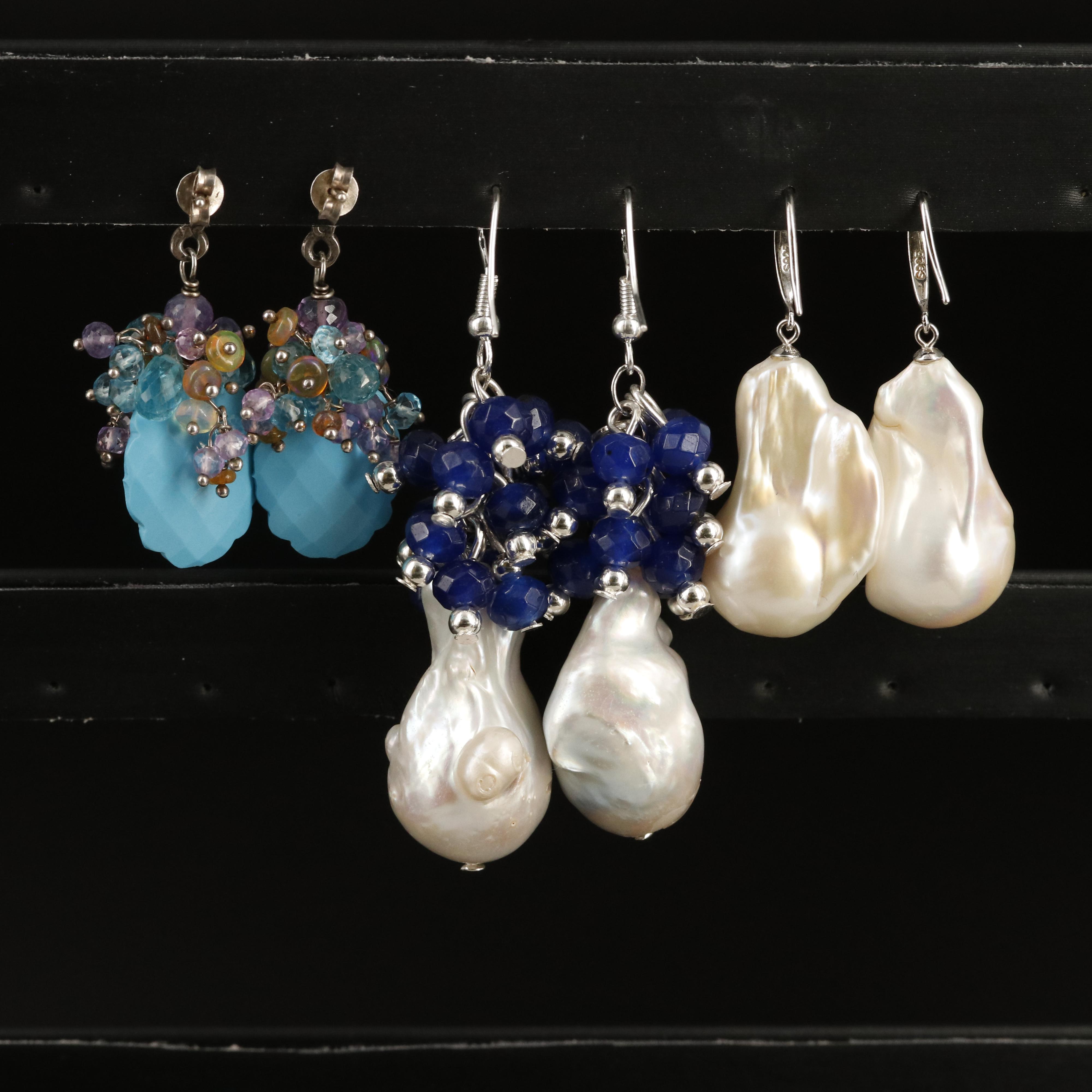 Sterling Drop Earrings with Pearl and Faux Turquoise