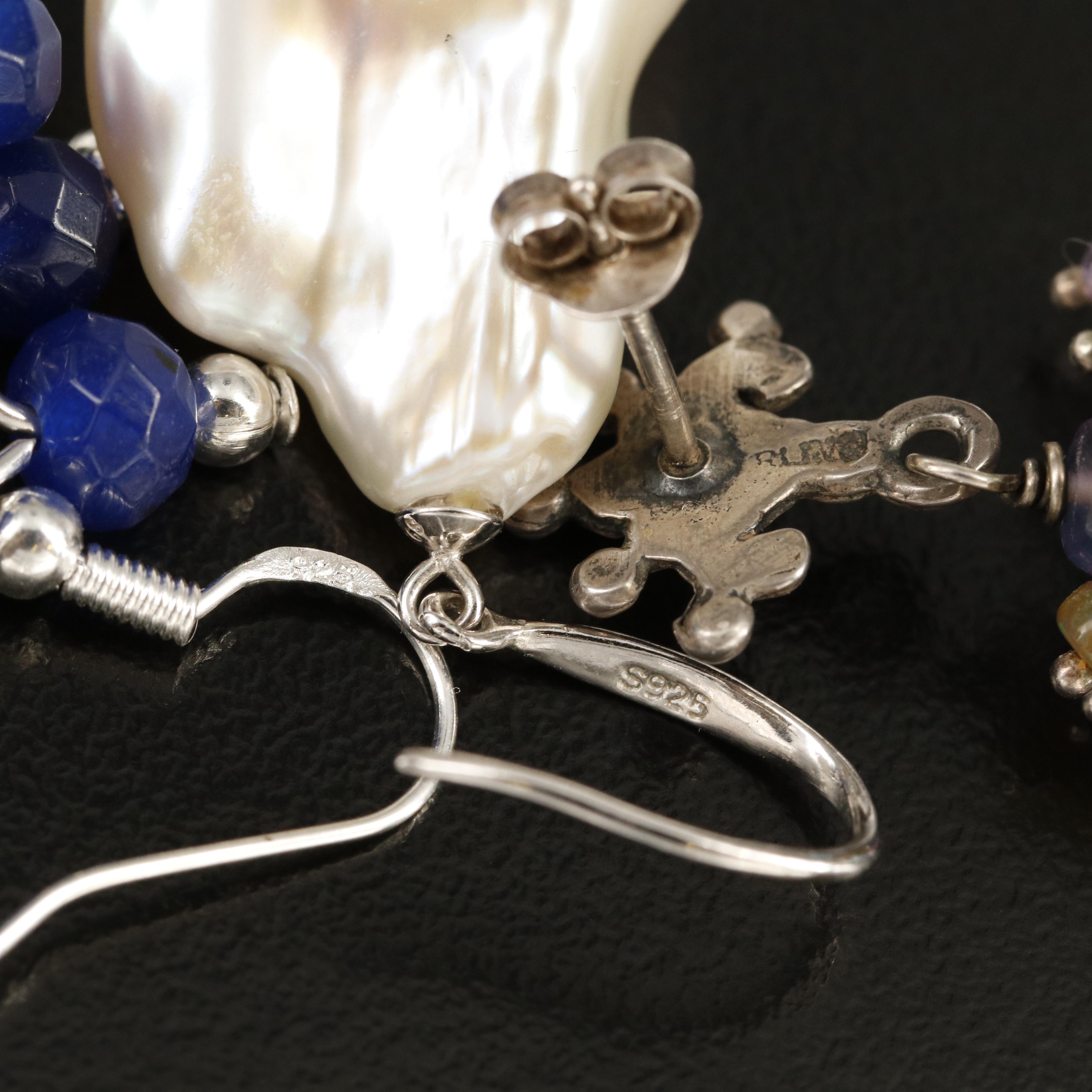 Sterling Drop Earrings with Pearl and Faux Turquoise