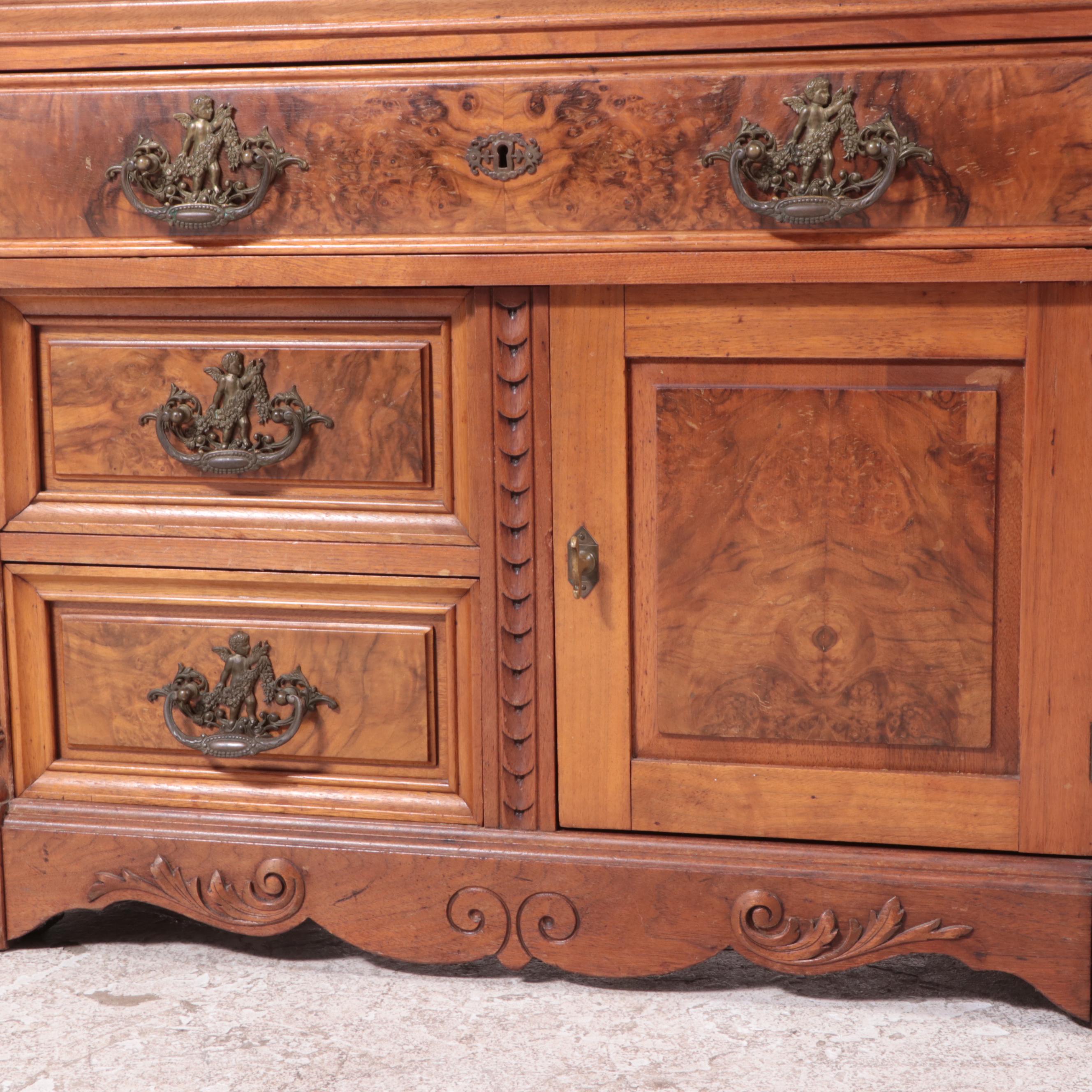 Victorian Eastlake Walnut and Burl Walnut Washstand with Marble Top, Late 19th C